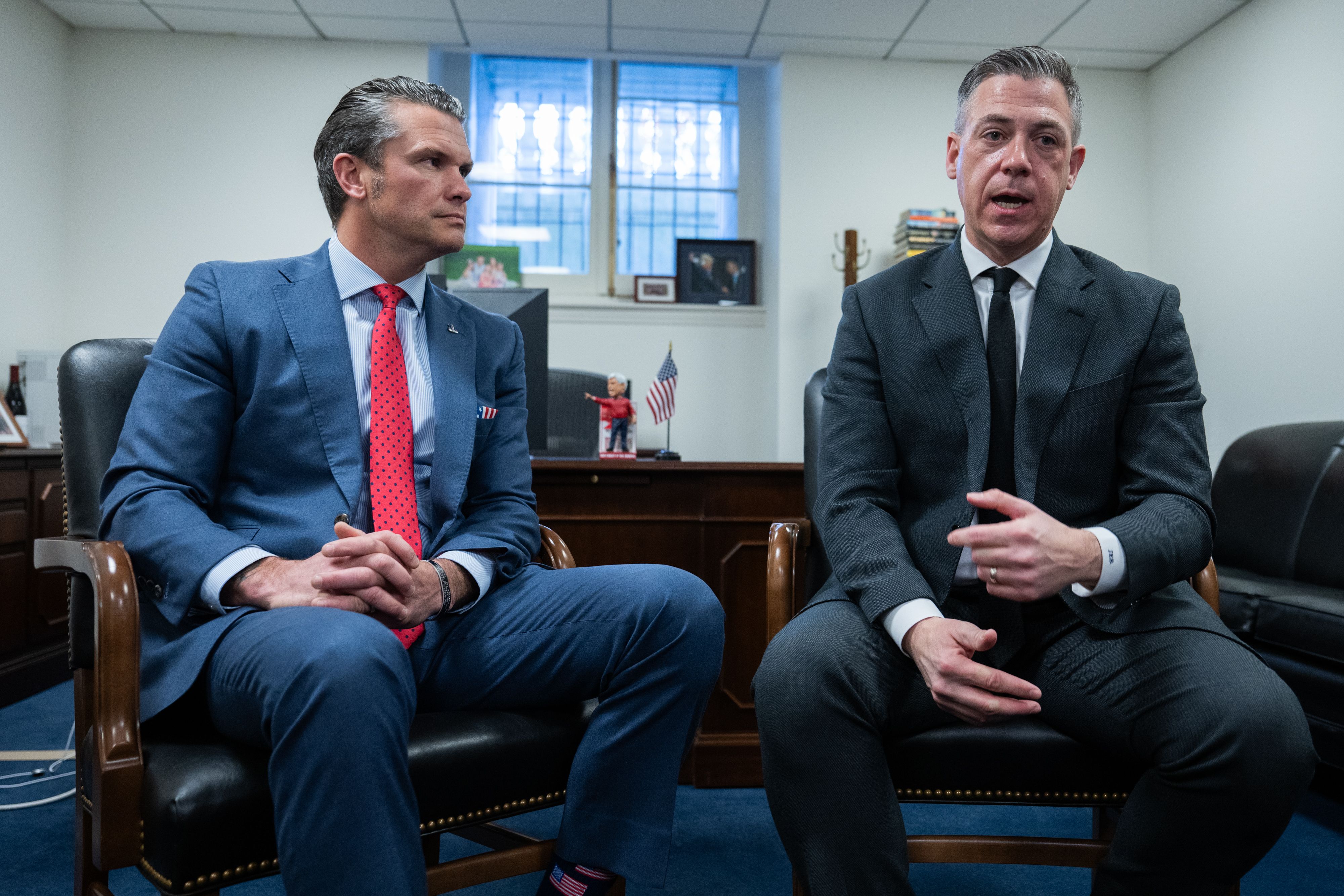 Senator-elect Jim Banks meets with Pentagon nominee Pete Hegseth last week in Russell Senate Office Building. Photo: Annabelle Gordon/Sipa USA