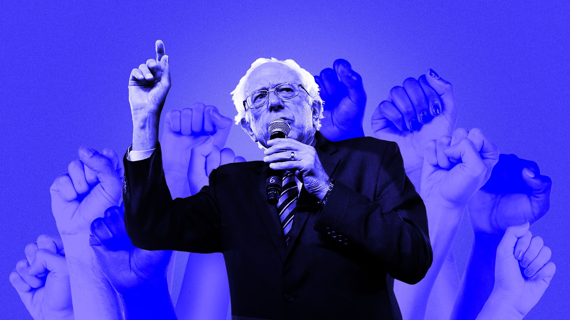 Photo illustration of Bernie Sanders speaking into a microphone with raised fists behind him