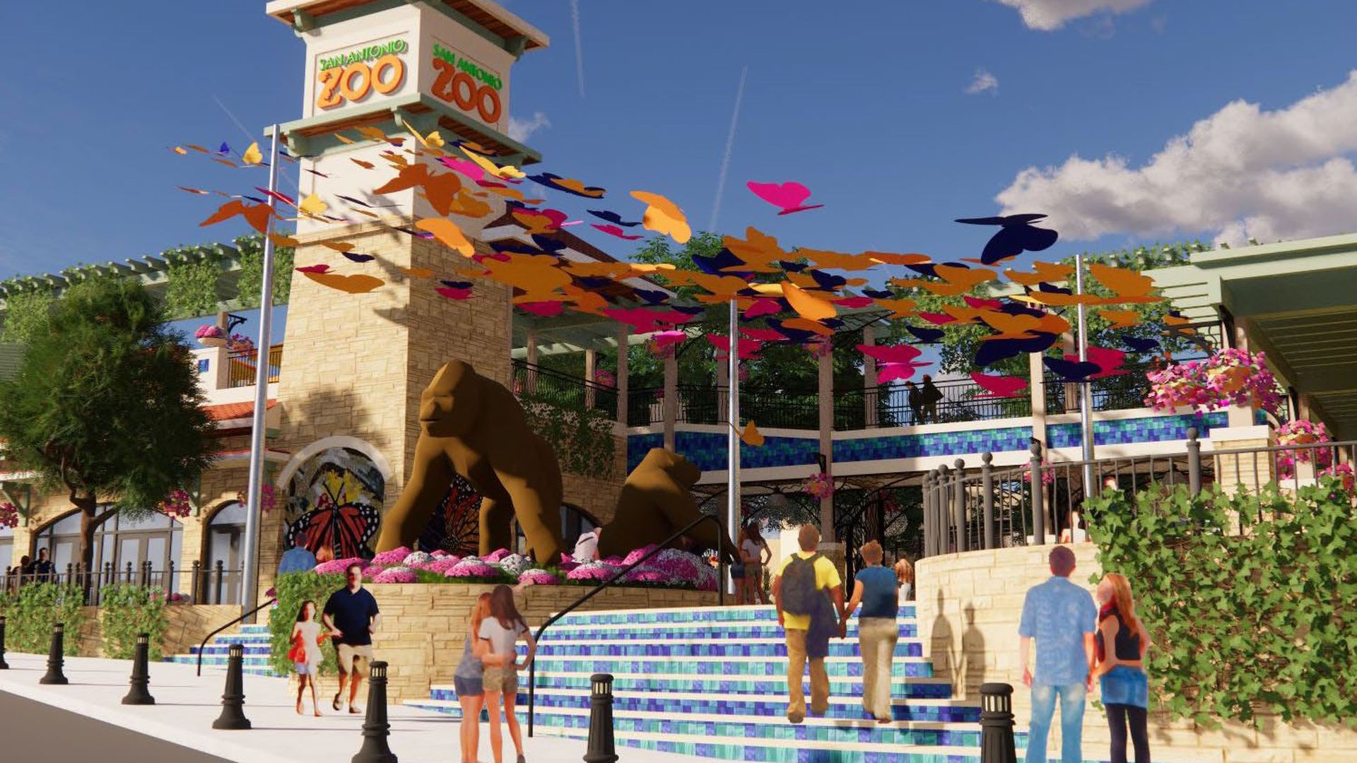 A rendering of the upcoming entrance for the San Antonio Zoo shows a gorilla statue, purple and pink butterfly art and greenery. 