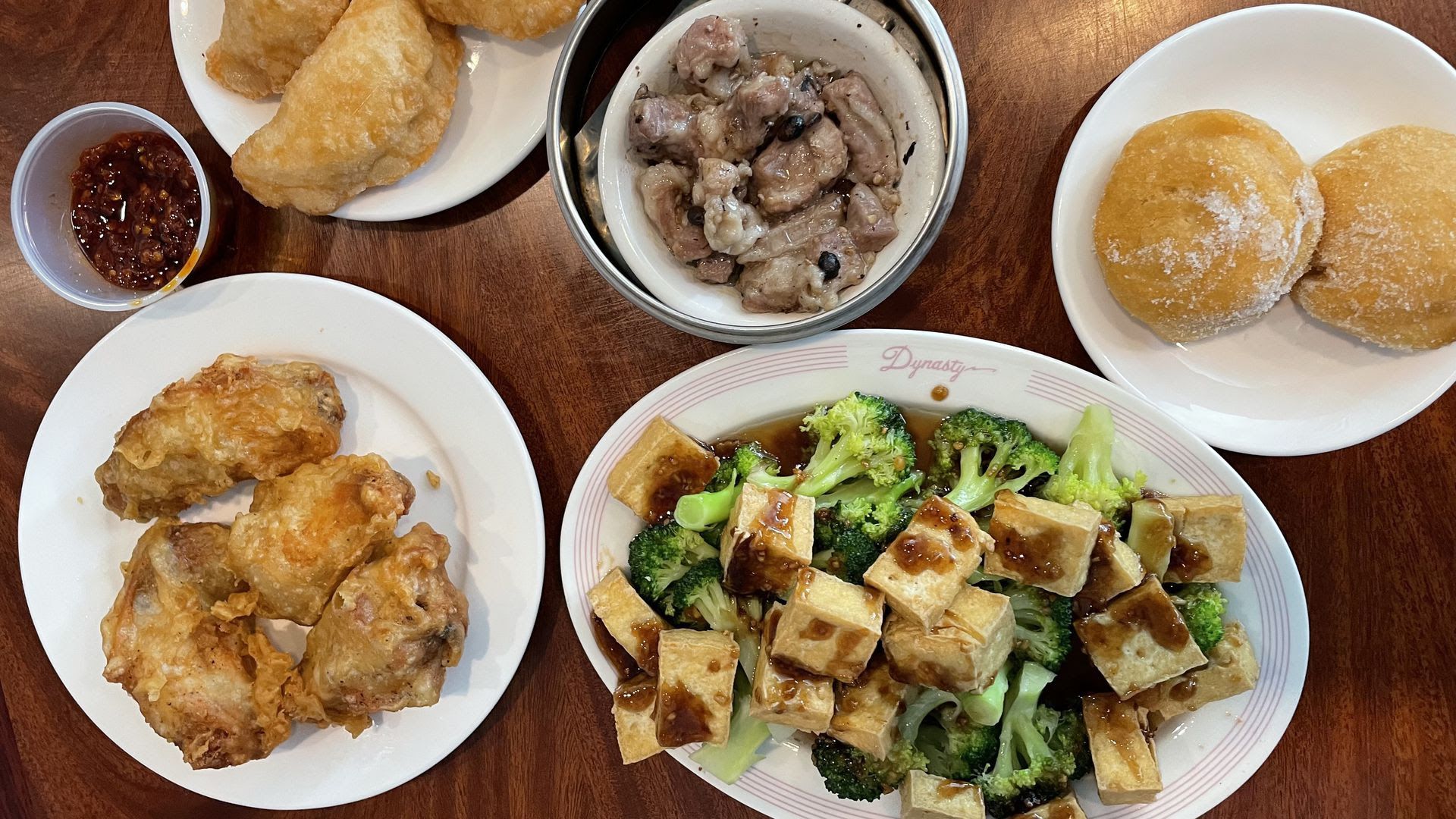Five different dim sum plates at Wong's Chopsticks in Johnston, Iowa.