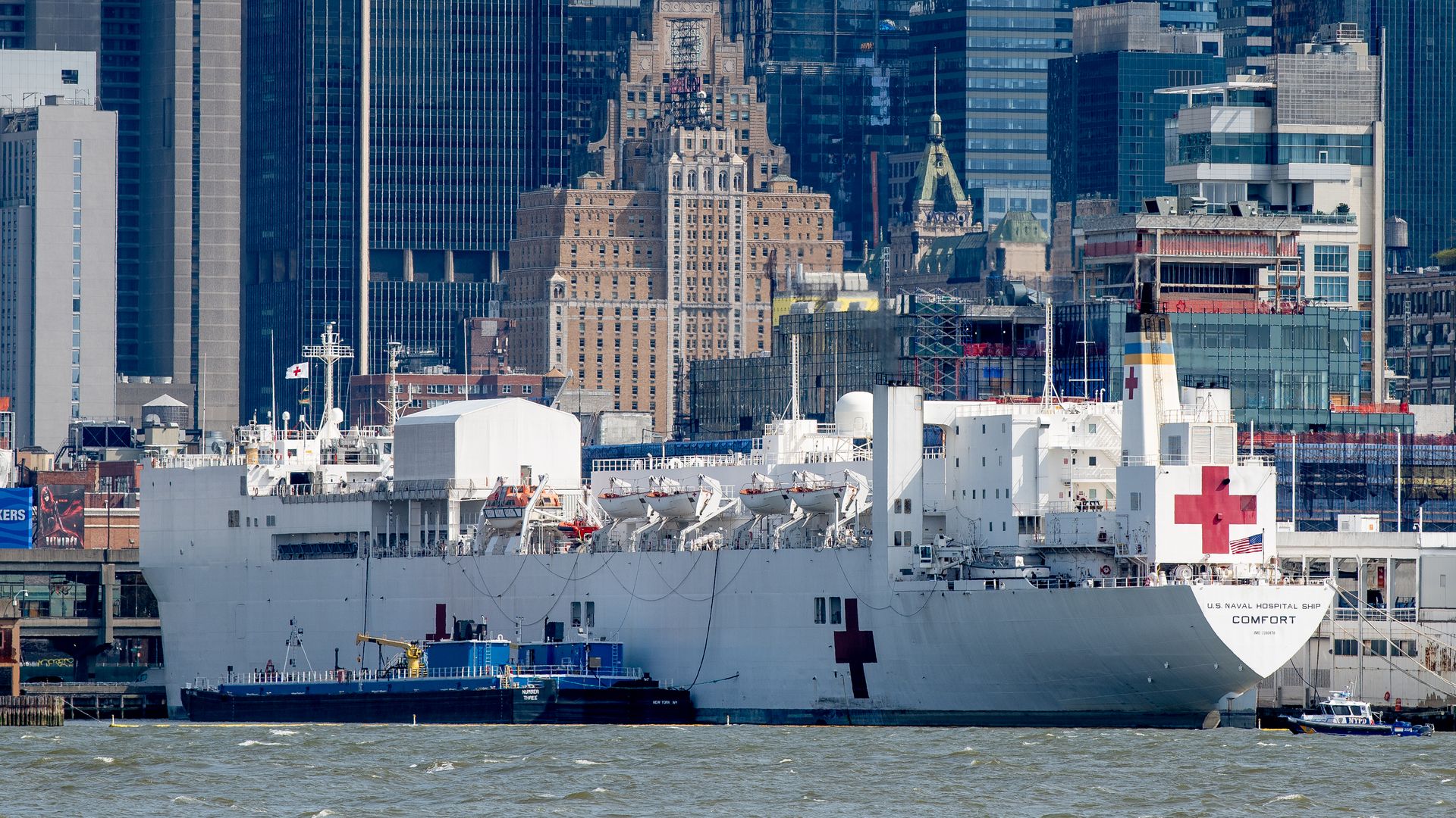 A view of the USNS Comfort docked at Pier 90 in Manhattan