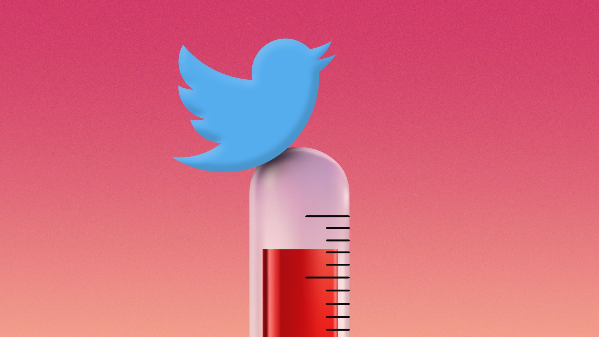 Illustration of the Twitter logo perched on top of a thermometer.