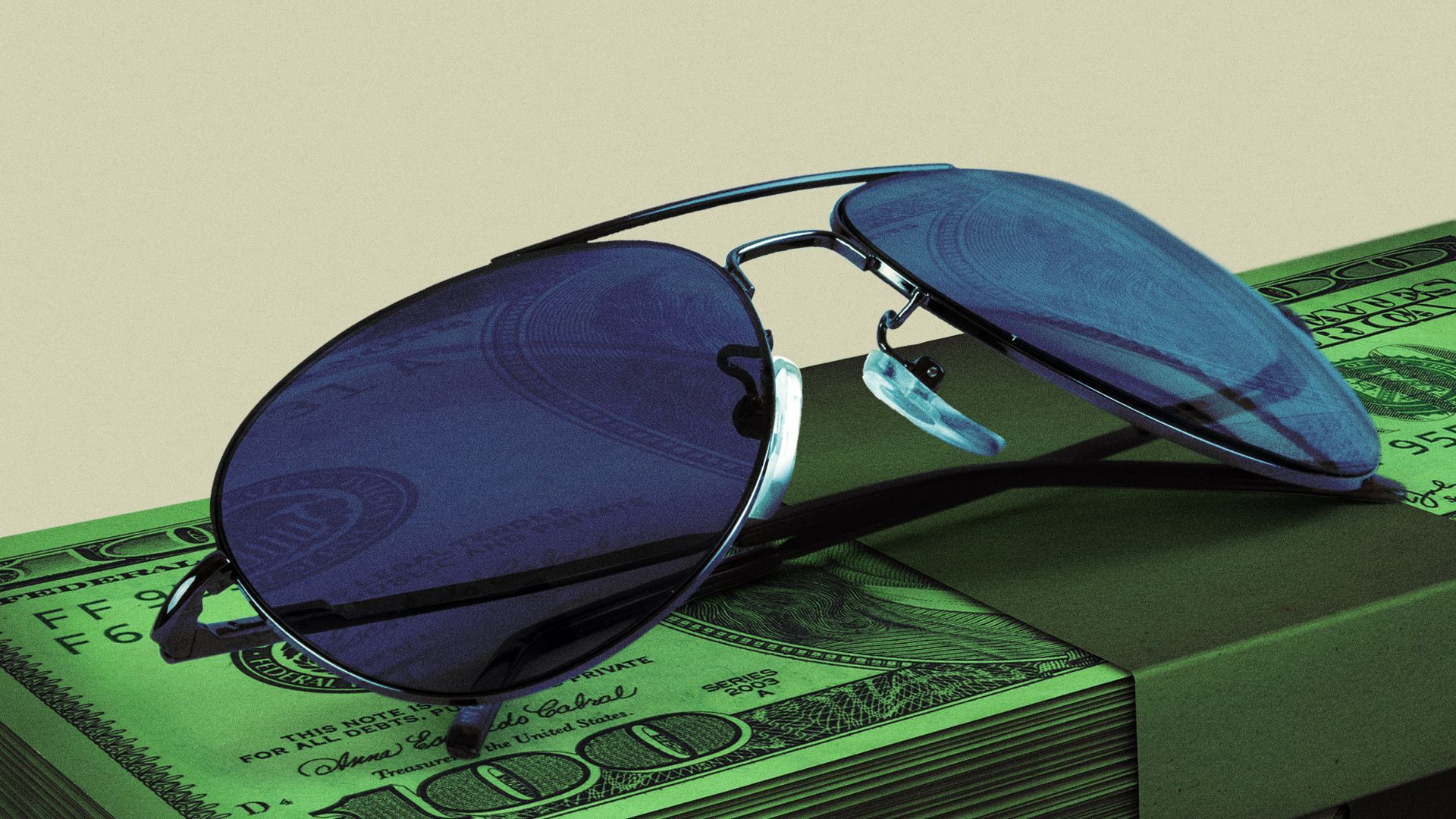 Illustration of a pair of aviator sunglasses resting on a stack of one-hundred dollar bills.