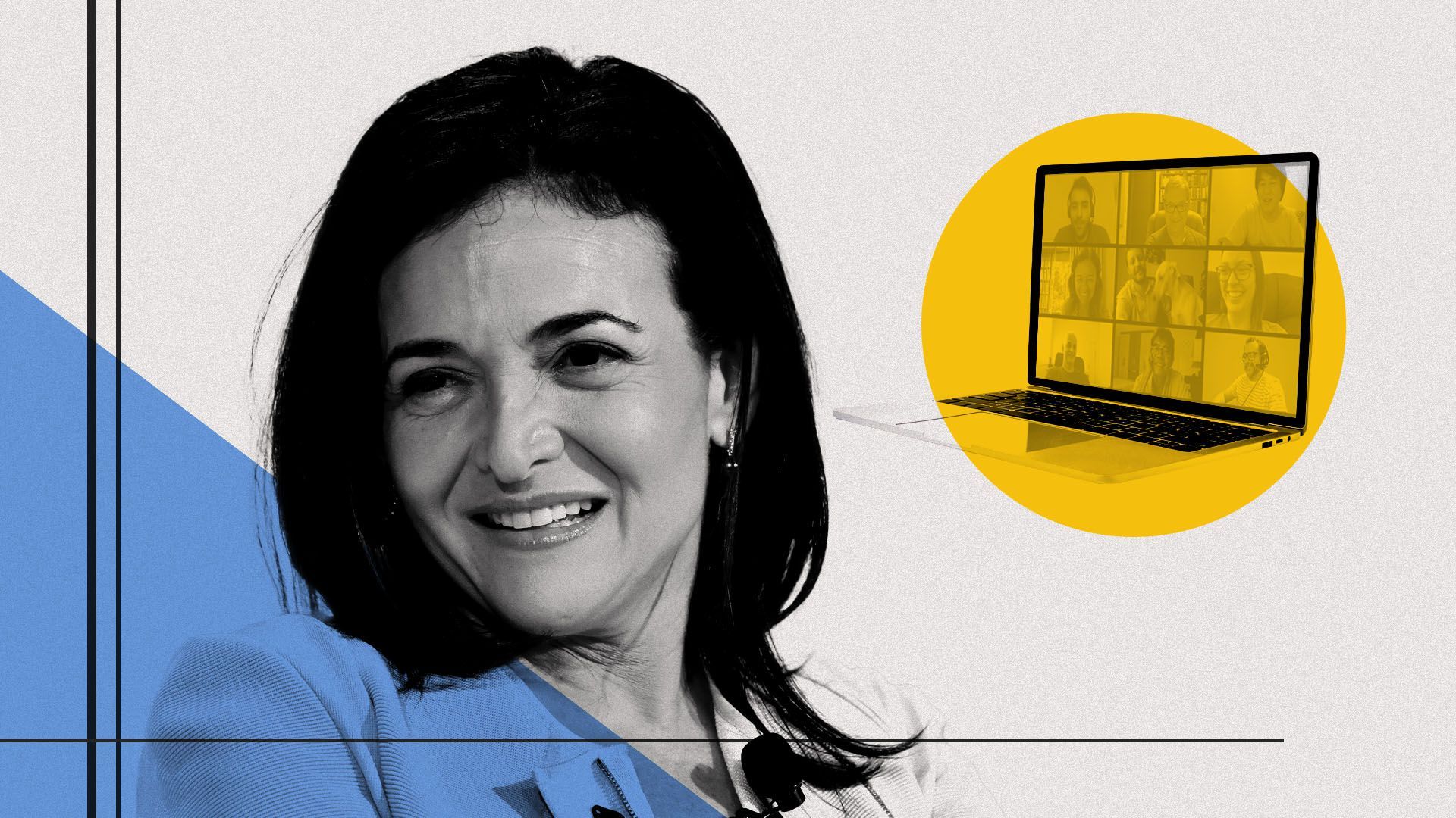 Photo illustration of Sheryl Sandberg next to a laptop with a zoom screen on it