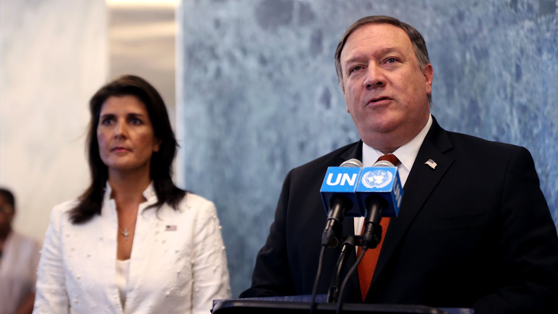 US Secretary of State Mike Pompeo and US Ambassador to the UN Nikki Haley address the media after their meeting with UN Secretary General at United Nations Headquarters in New York