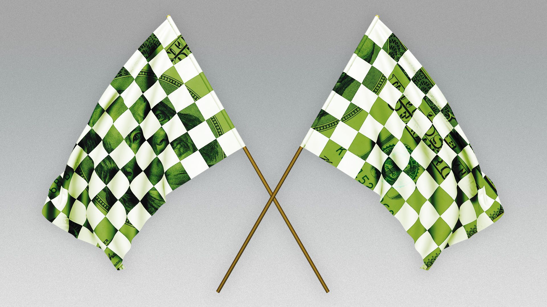 Illustration of racing flags made of hundred dollar bills.