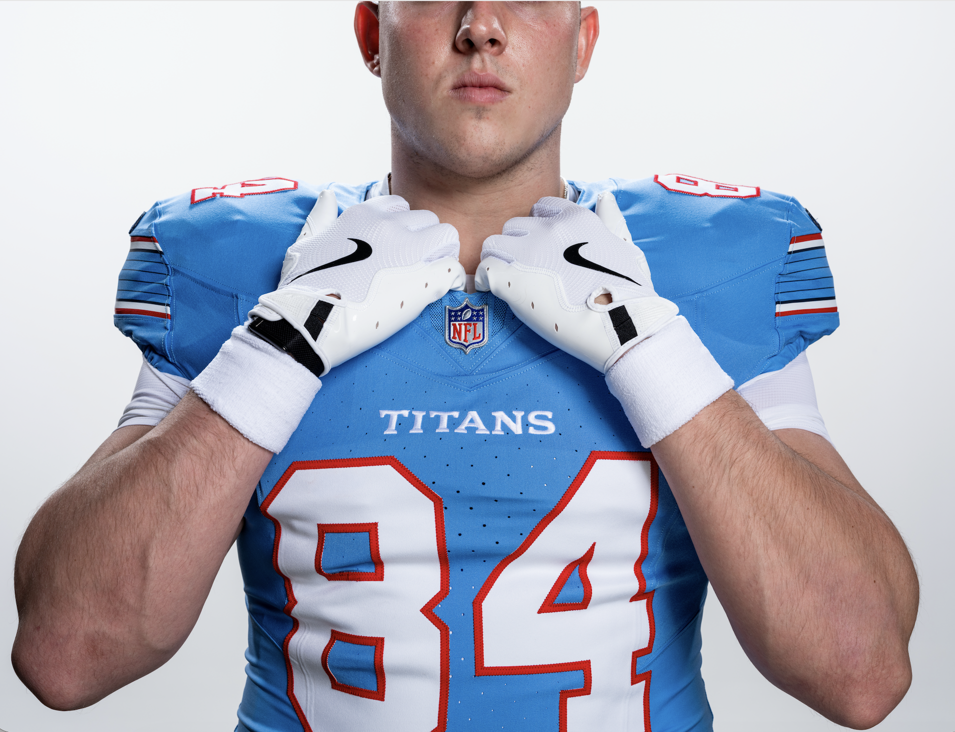 A close-up of the new Titans jersey in light blue.