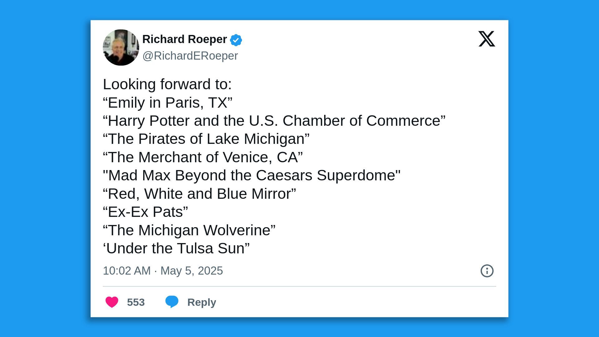 A tweet with several movie puns based on the titles of films