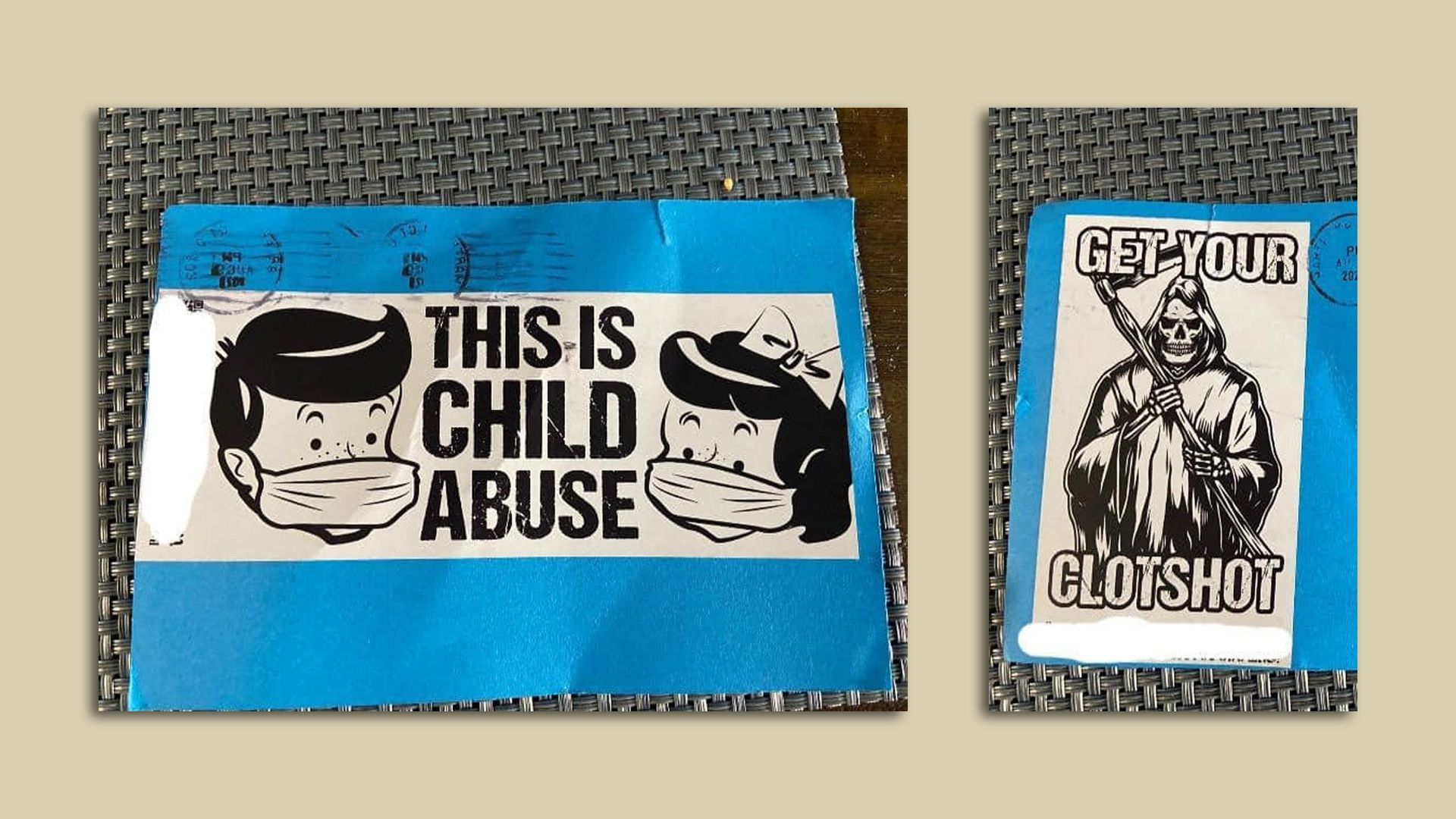 A photo of two anonymous mailers with anti-mask and anti-vaccine messages that were sent to residents in Ankeny.