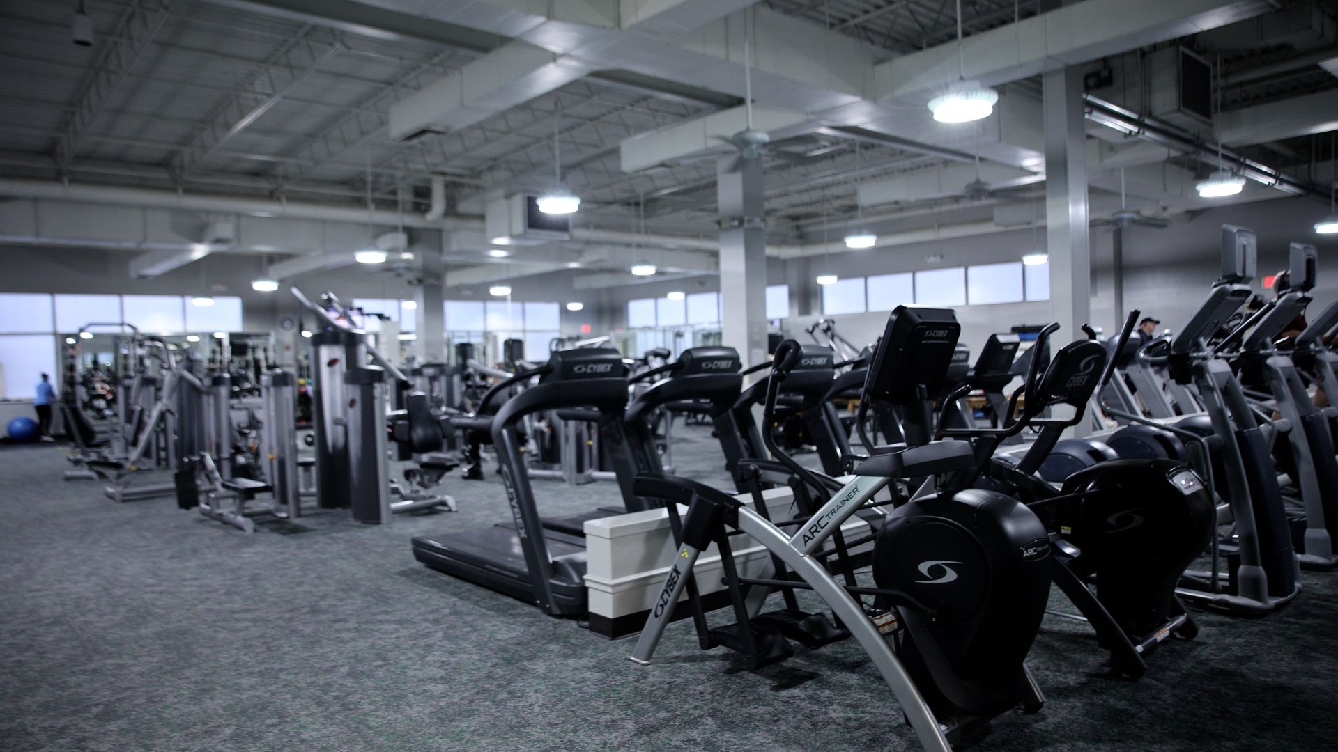 Interior of a spacious gym with gray carpet and overhead lights, featuring multiple treadmills, arc trainer machines, and weight training equipment arranged neatly.