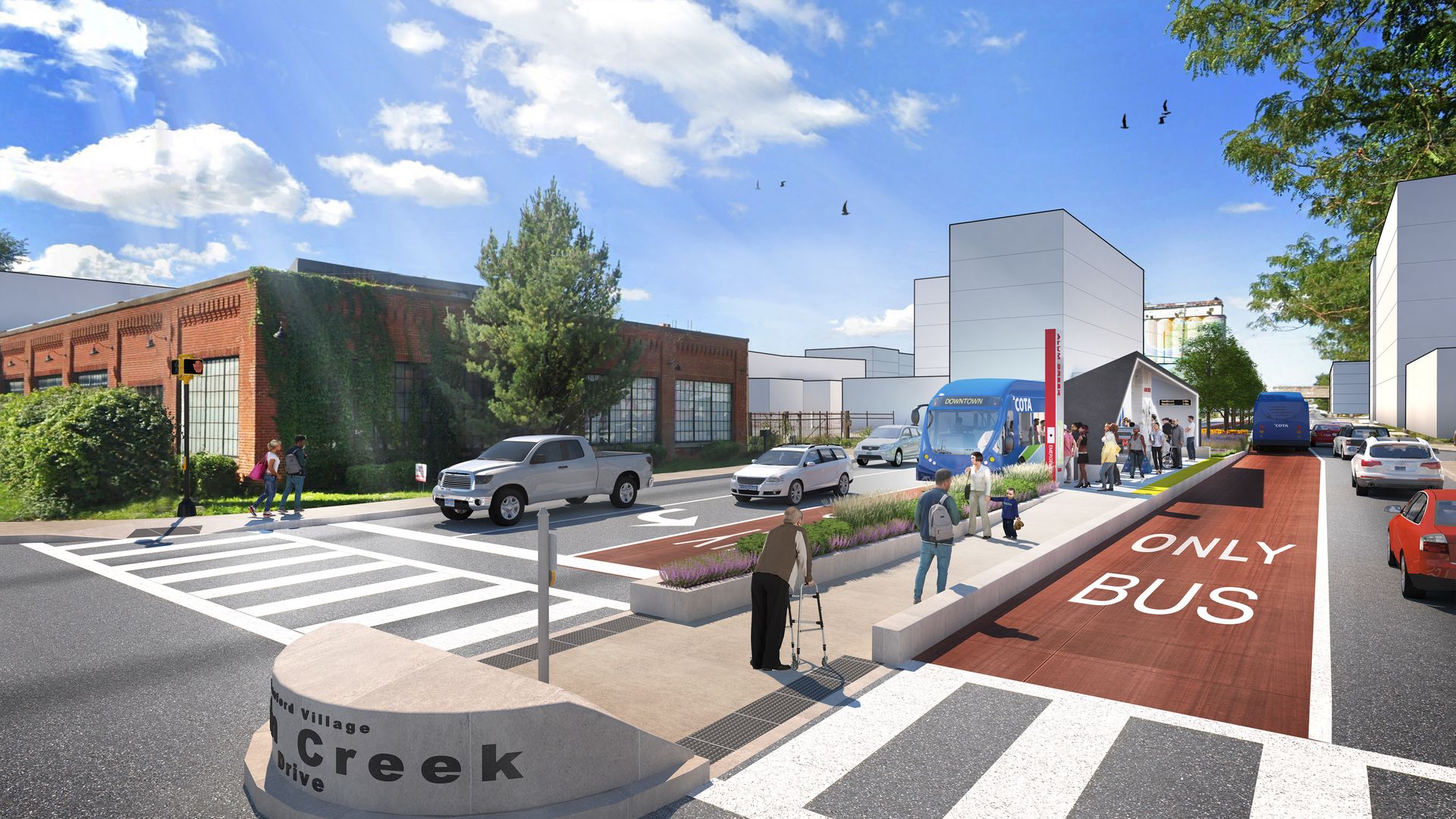 A rendering of a planned BRT station on Alum Creek Drive