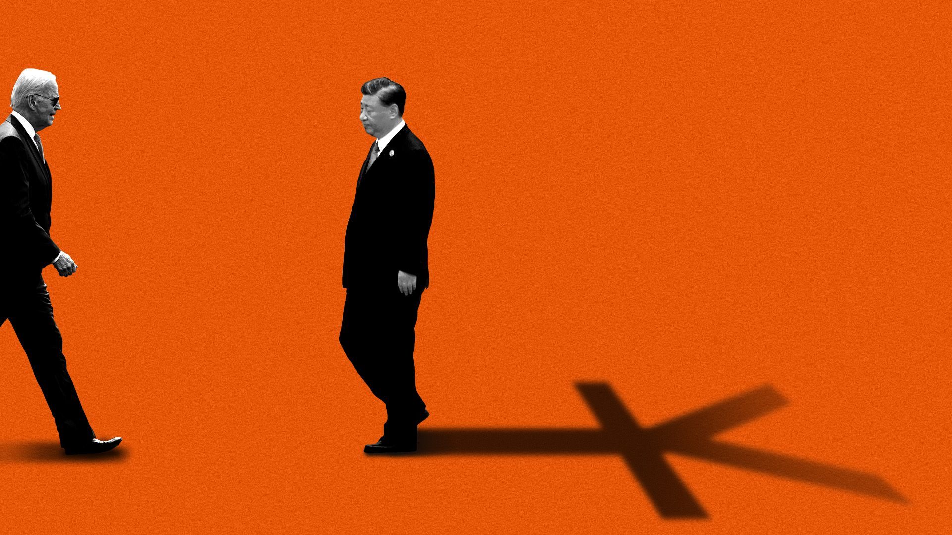 Photo illustration of President Biden and President Xi Jinping walking towards each other with Jinping casting a shadow of the yuan symbol