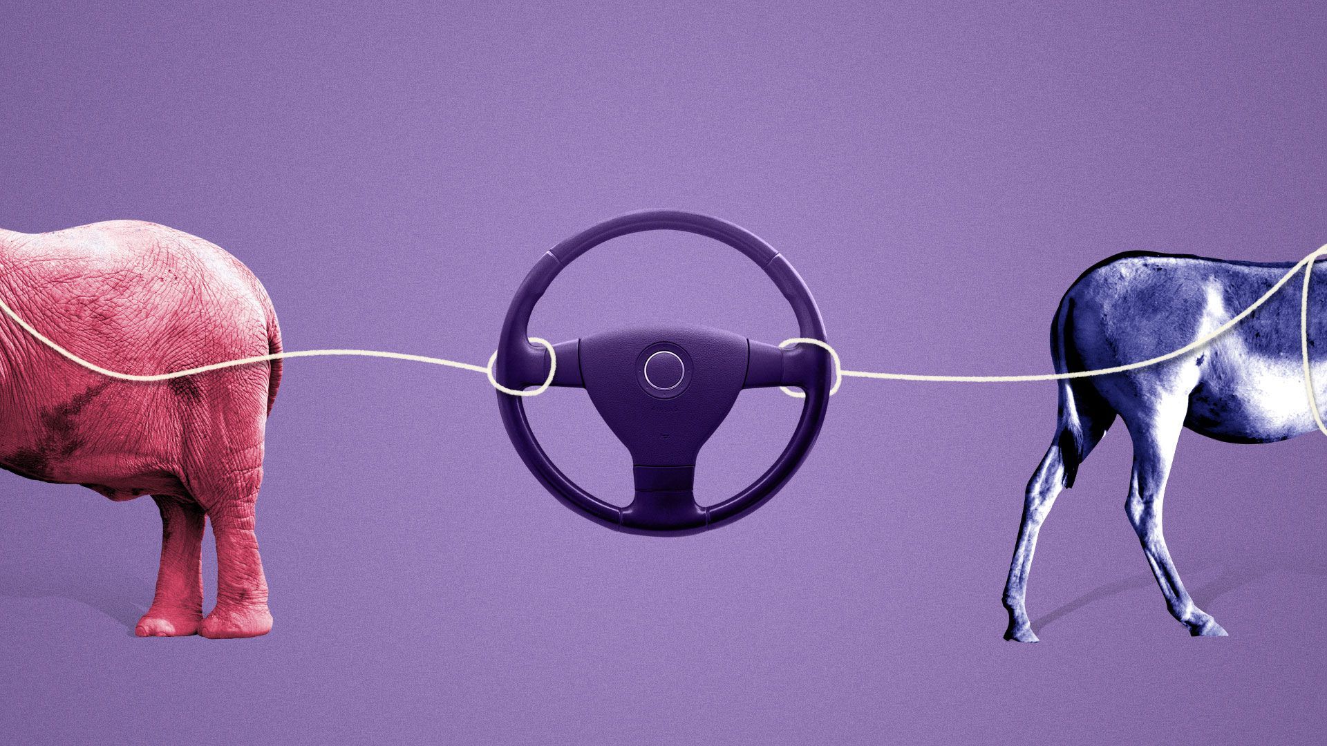 Illustration of an elephant and a donkey pulling at a wheel