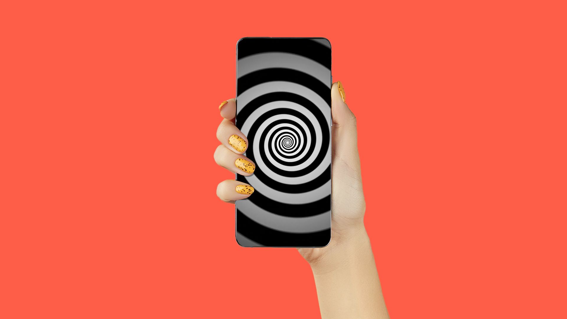 Illustration of a manicured hand holding a phone with a spinning black and white vortex on the screen