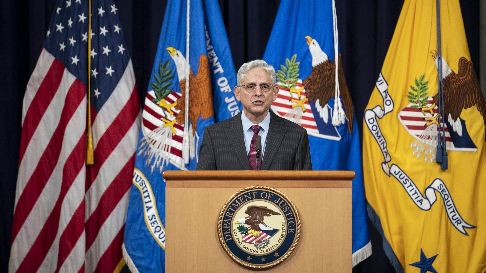 Merrick Garland, U.S. attorney general, speaks during an address at the Department of Justice in Washington, D.C., U.S., on Friday, Oct. 22, 2021.