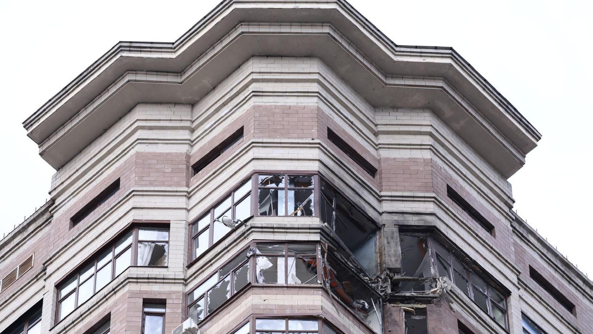 A view of destroyed buildings and area after a massive drone attack at the Leninsky urban district (Vidnoye) and Domodedovo (Yam village) at 4 am in Moscow, Russia on March 11,