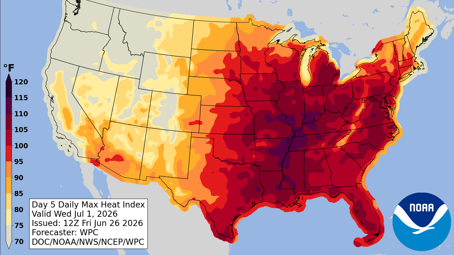 NOAA map of North America showing Day 5 Daily Max Heat Index across the U.S., Canada, and Mexico. Color gradient from yellow to deep red indicates 70–120°F. Valid Wed Jul 1, 2026; NOAA/NWS/WPC logo.