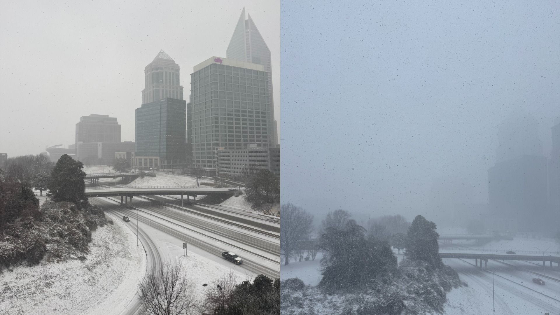 Side-by-side images of a snowy cityscape with tall buildings and a curved highway; left shows clearer snowfall with visible cars, right shows heavier snow obscuring buildings and road.