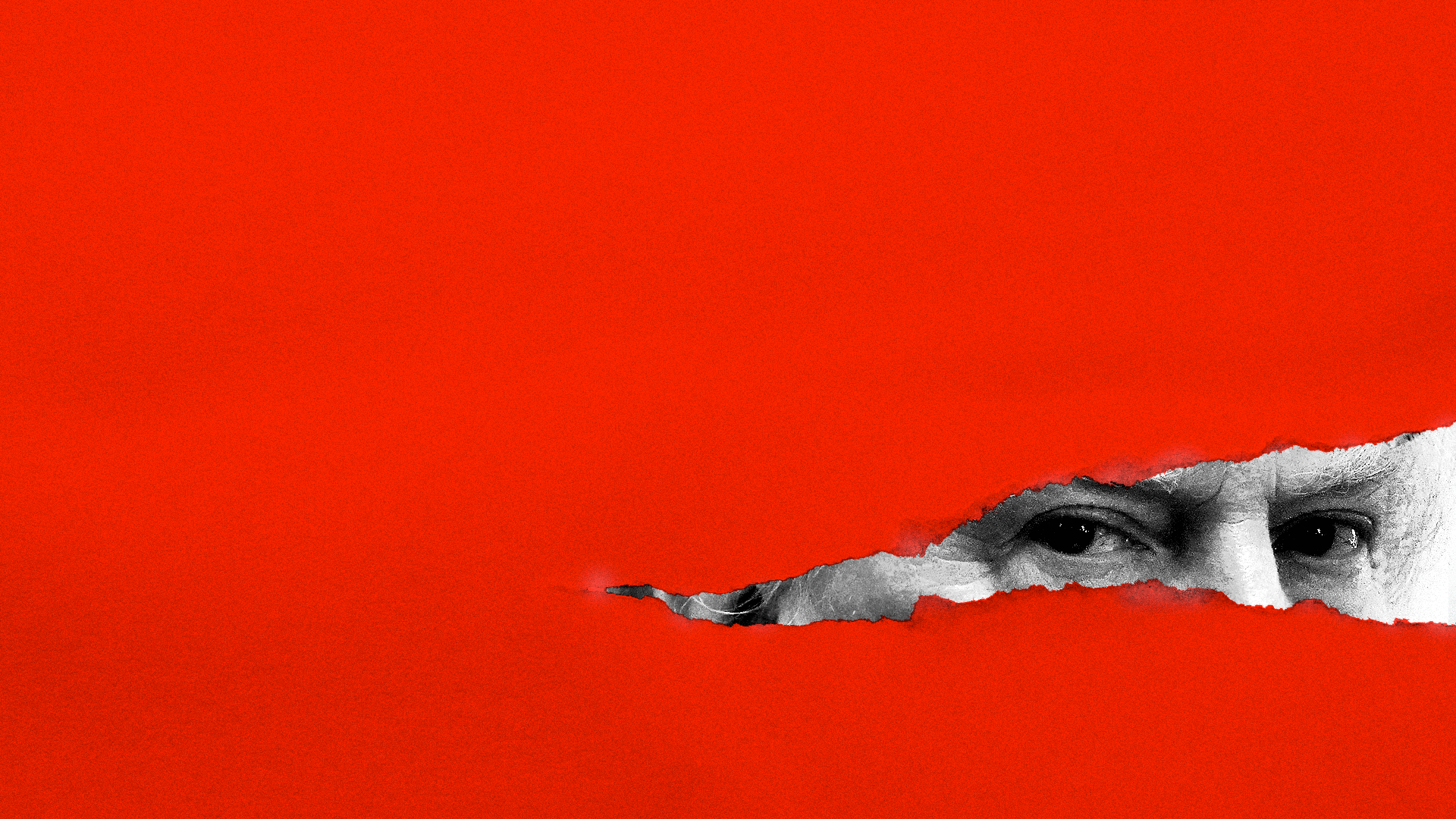 President Trump peering through a crack in an orange/red shade that looks like paper