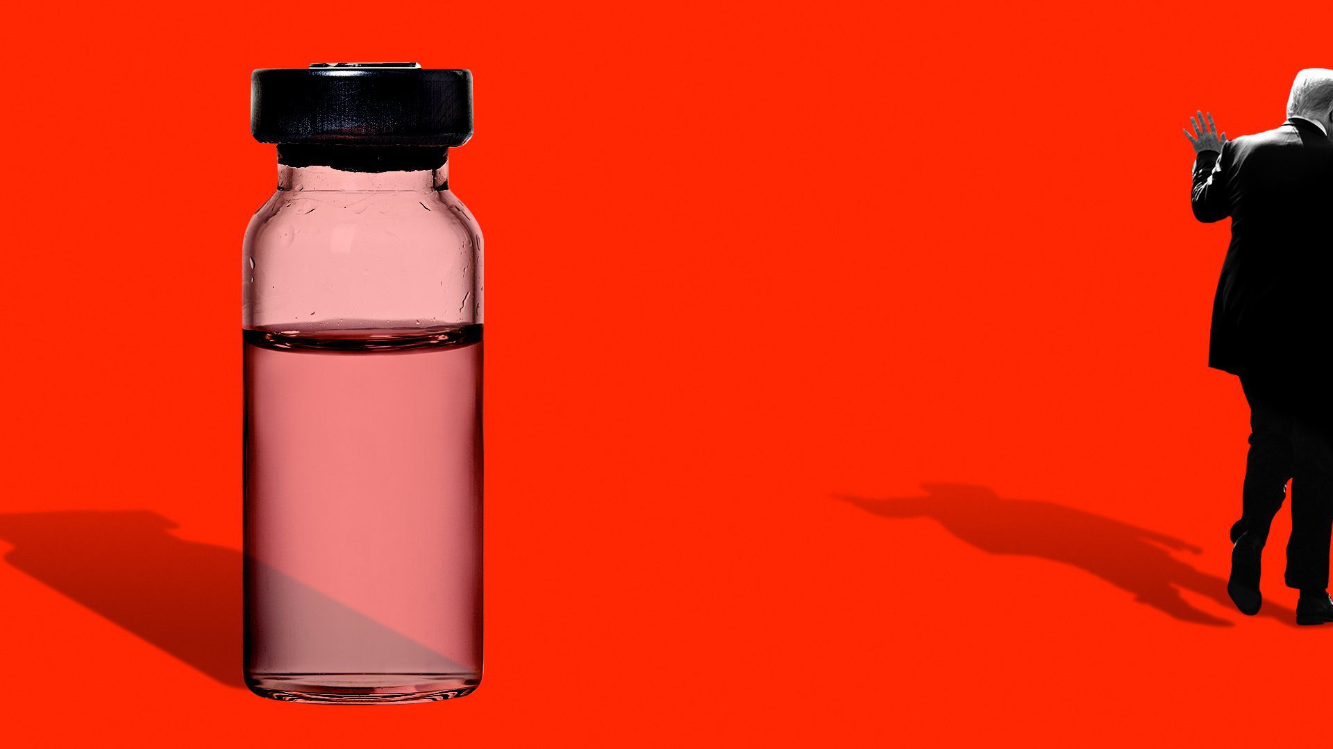 Illustration of President Trump walking away from a vaccine bottle.   