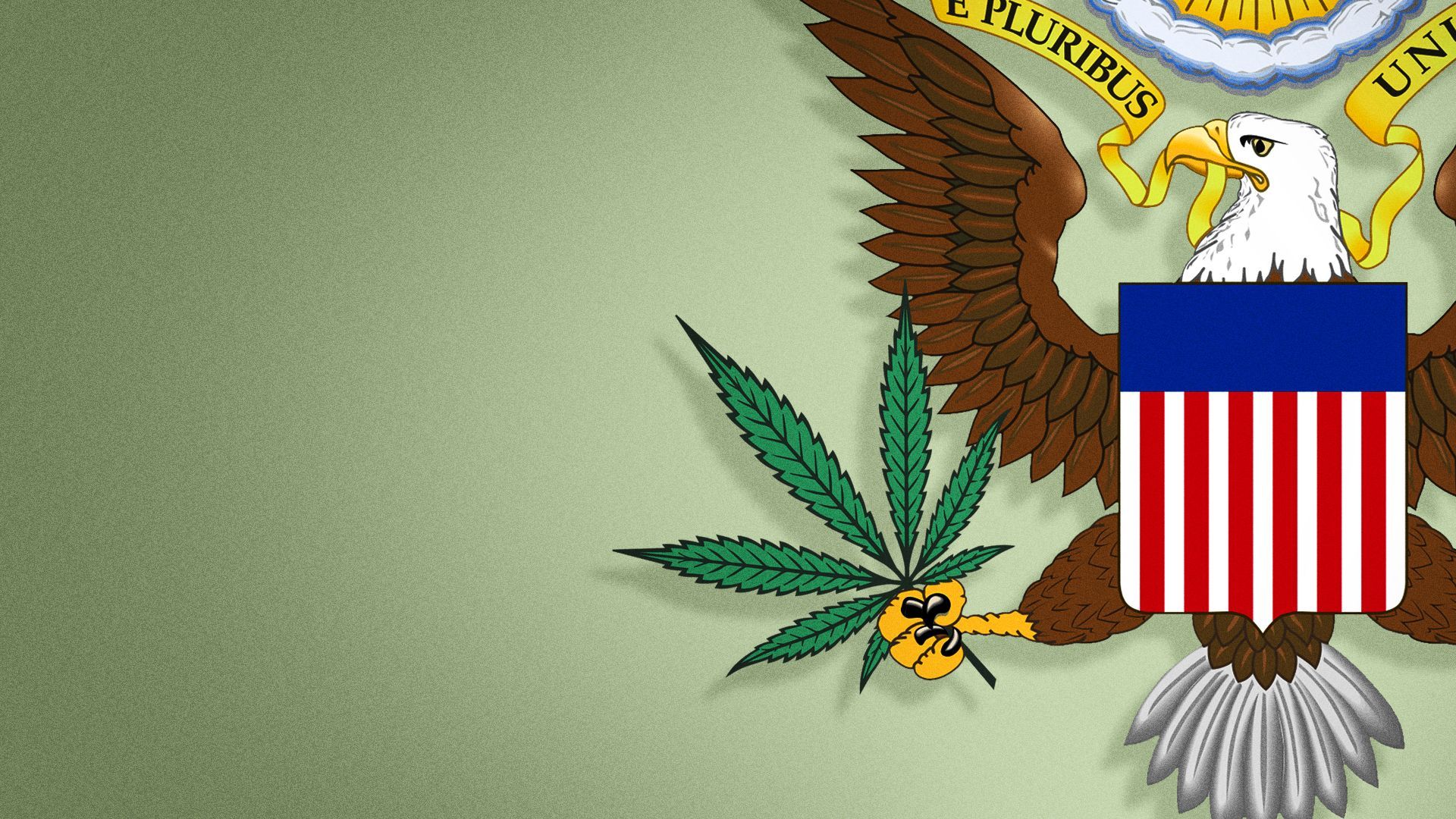 Illustration of the United States seal holding a marijuana leaf instead of an olive branch. 