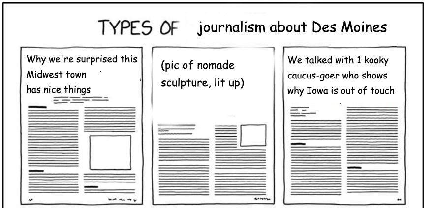A meme about types of journalism about Des Moines
