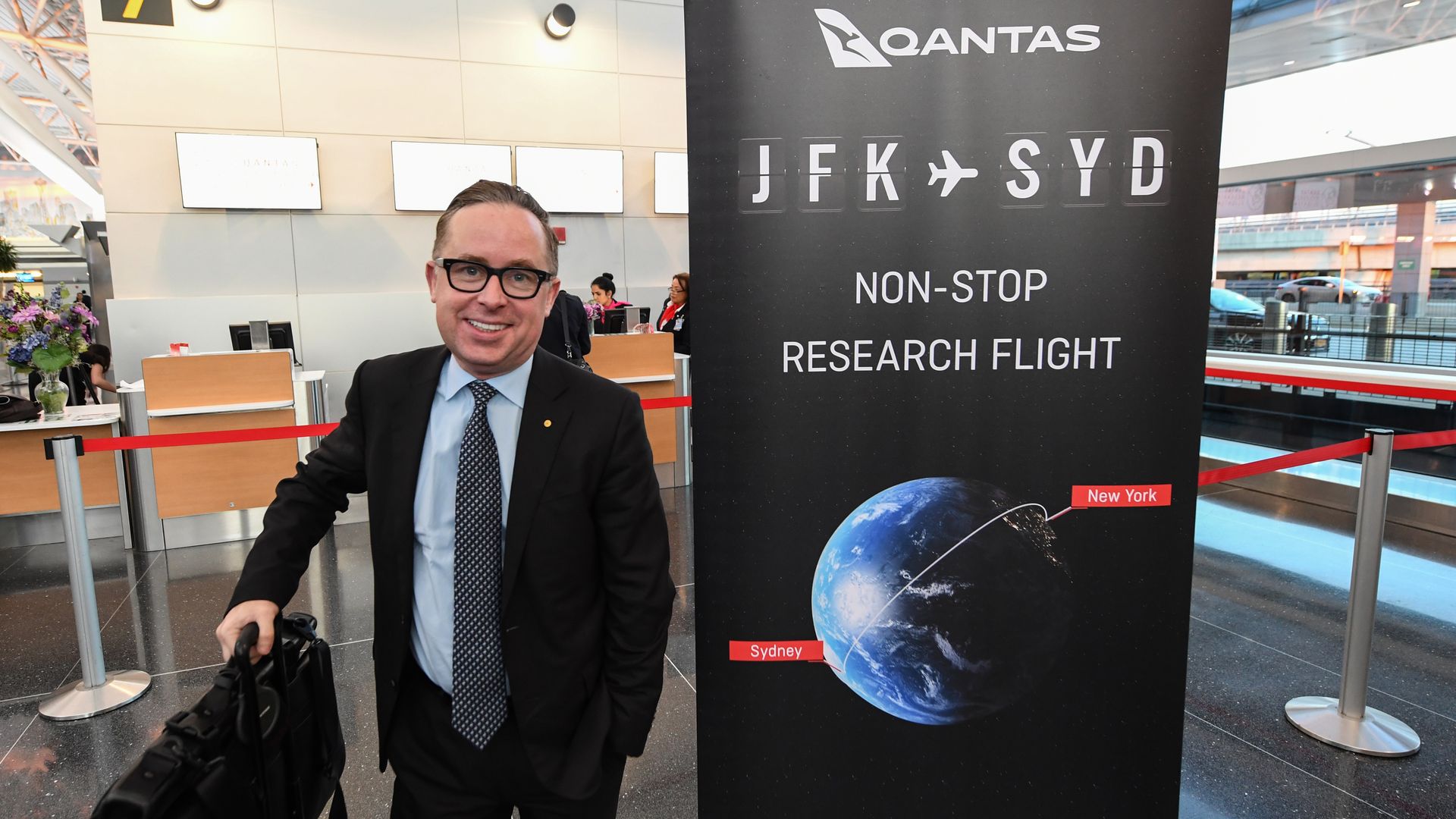 Alan Joyce, Qantas Group CEO checks in at JFK airport on October 18, 2019 in New York.