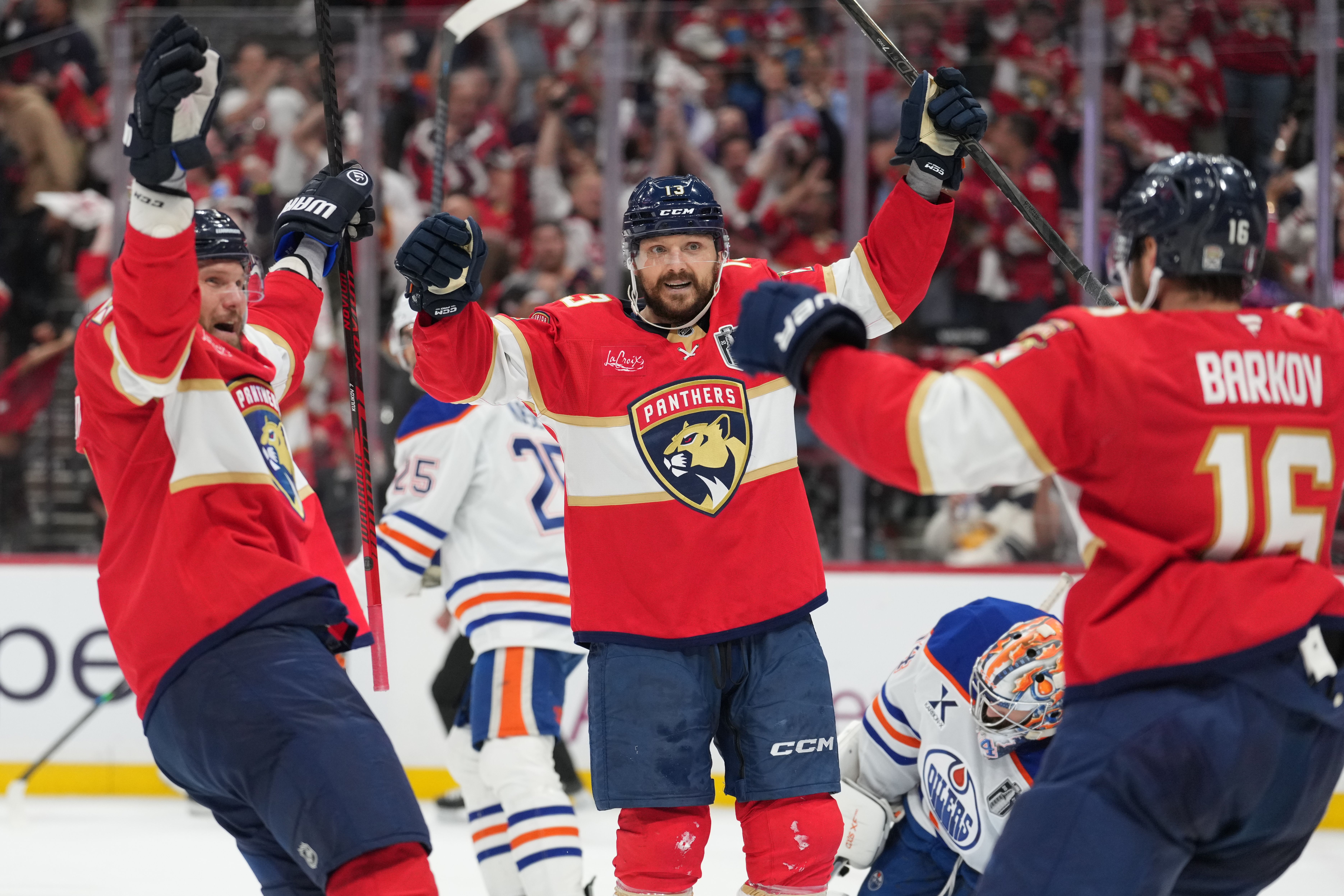 SUNRISE, FL - JUNE 17: Florida Panthers center Sam Reinhart (13) celebrates his goal in the second period during game six of the Stanley Cup Final between the Edmonton Oilers at the Florida Panthers on Tuesday, June 17, 2025 at Amerant Bank Arena in Sunrise, FL. (Photo by Peter Joneleit/Icon Sportsw