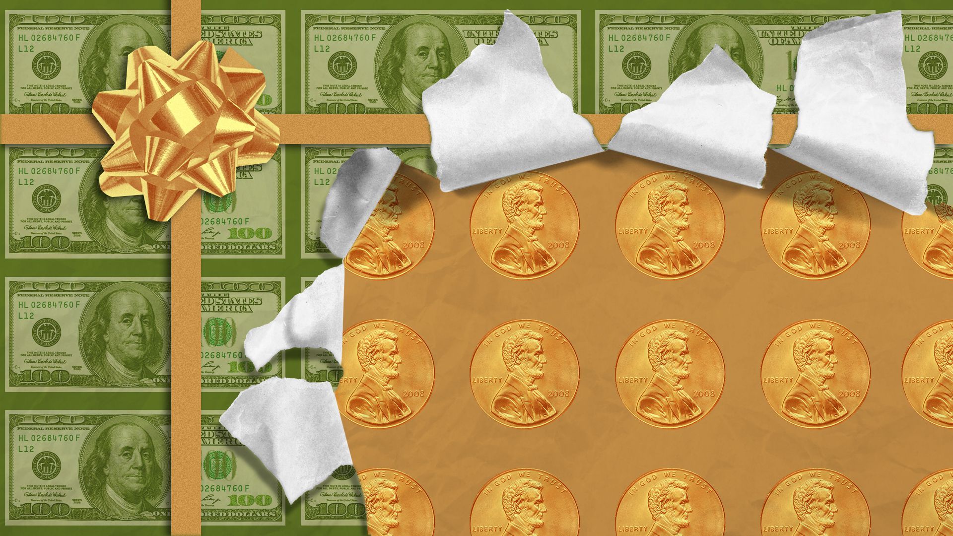 Illustration of gift wrapping paper with a hundred dollar bill pattern being torn away to reveal wrapping paper with a penny pattern. 
