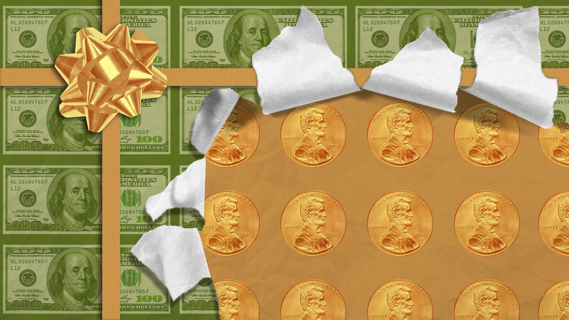 Illustration of gift wrapping paper with a hundred dollar bill pattern being torn away to reveal wrapping paper with a penny pattern.