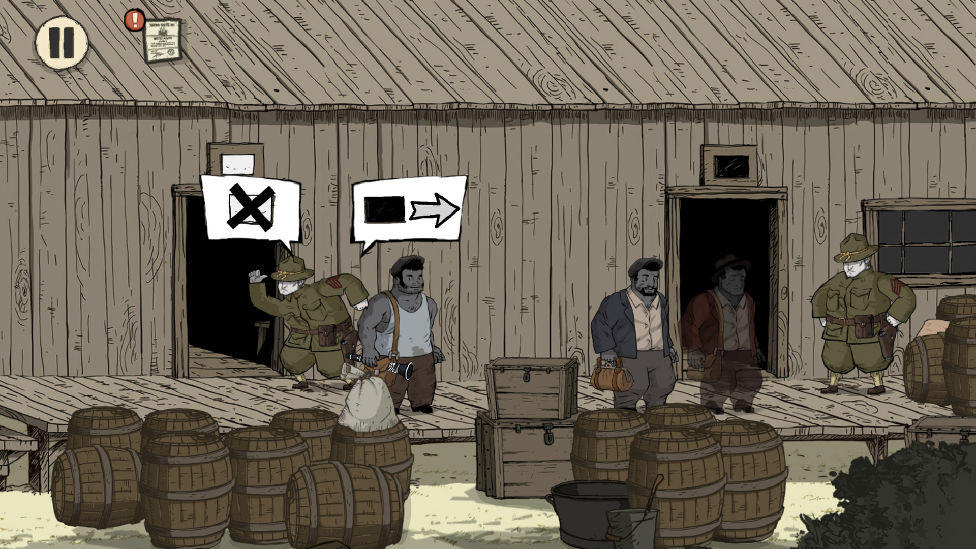 Video game screenshot of a Black man being directed to a segregated section of a U.S. training camp during World War I