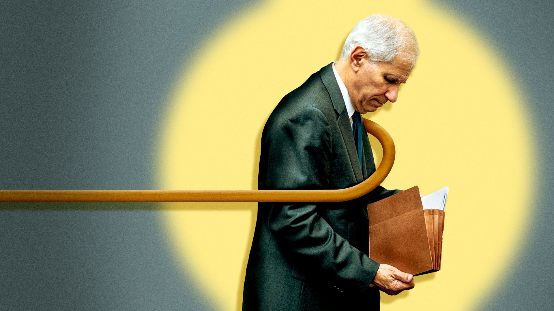 Photo illustration of a cane pulling Martin Gruenberg out of a spotlight.
