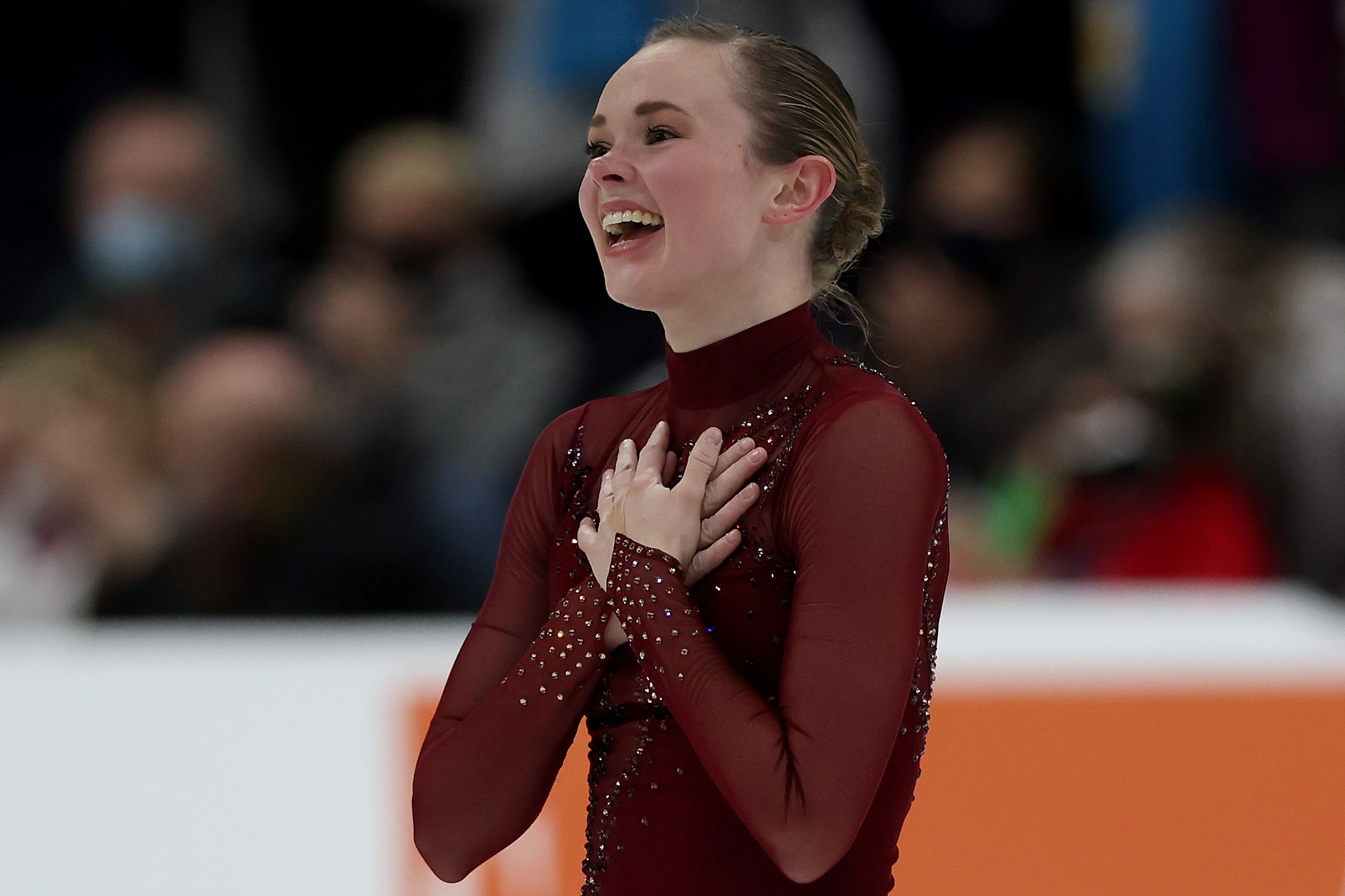 Mariah Bell reacts after skating in the Ladies Free Skate during the U.S. Figure Skating Championships at Bridgestone Arena on January 07, 2022 in Nashville, Tennessee. 