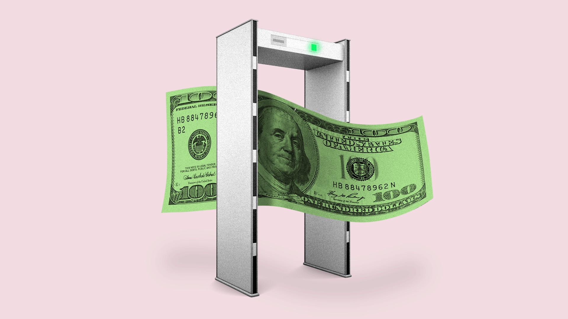 Animation of a hundred dollar bill passing through a metal detector.