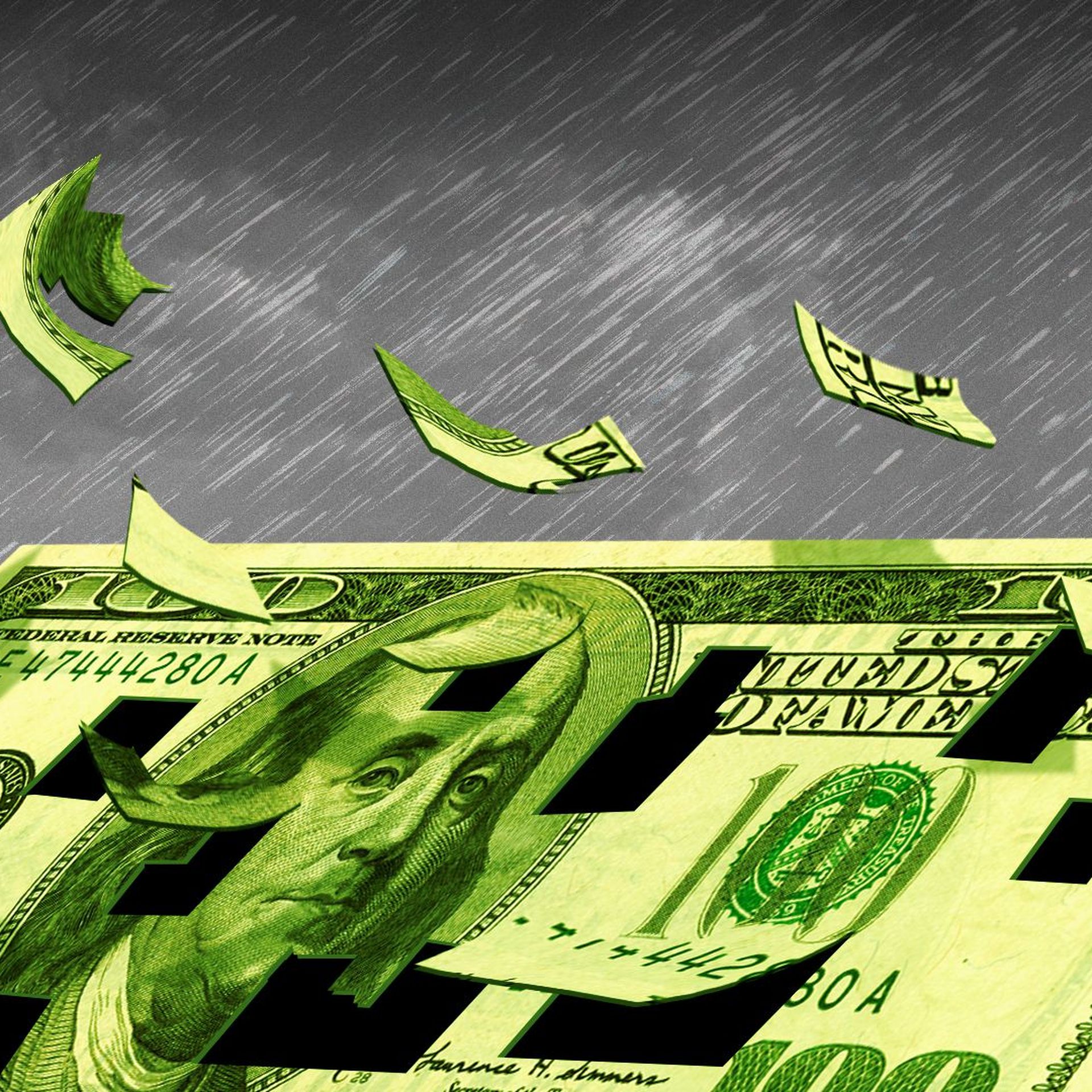Illustration of a storm destroying a roof made from a one hundred dollar bill 