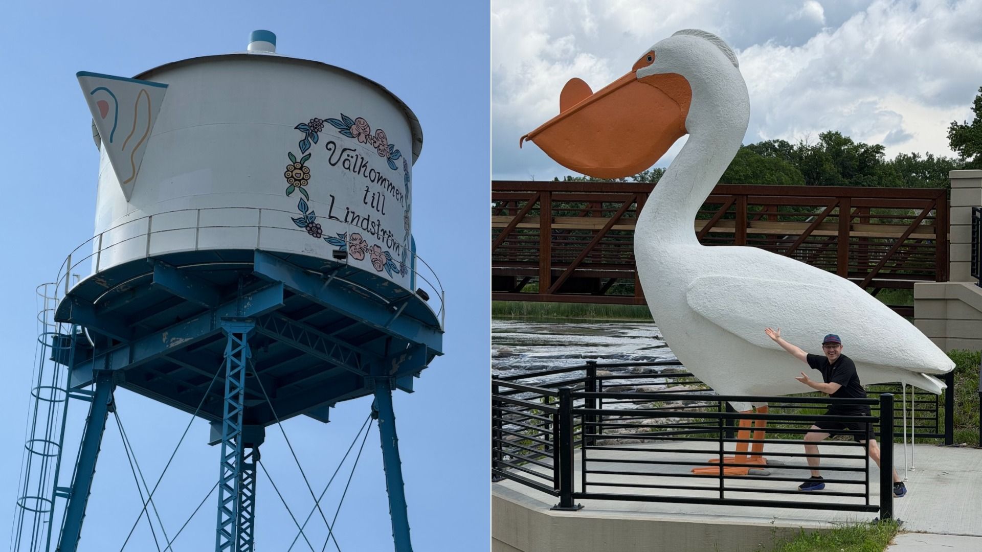 Split image: left a blue water tower with a white tank and a floral sign reading "Välkommen till Lindström." Right a giant white pelican statue with an orange beak beside a railing, with a person posing nearby.