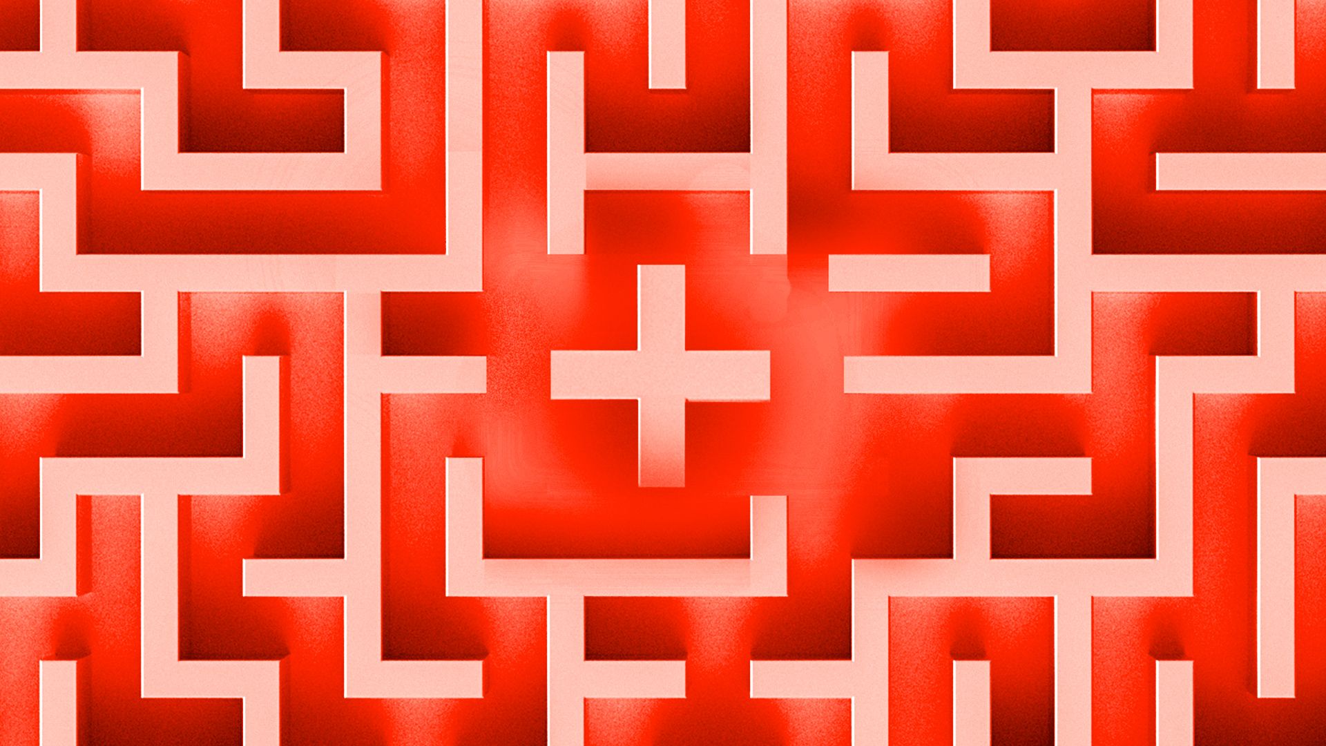 Illustration of a top down view of a maze with a health plus in the center. 