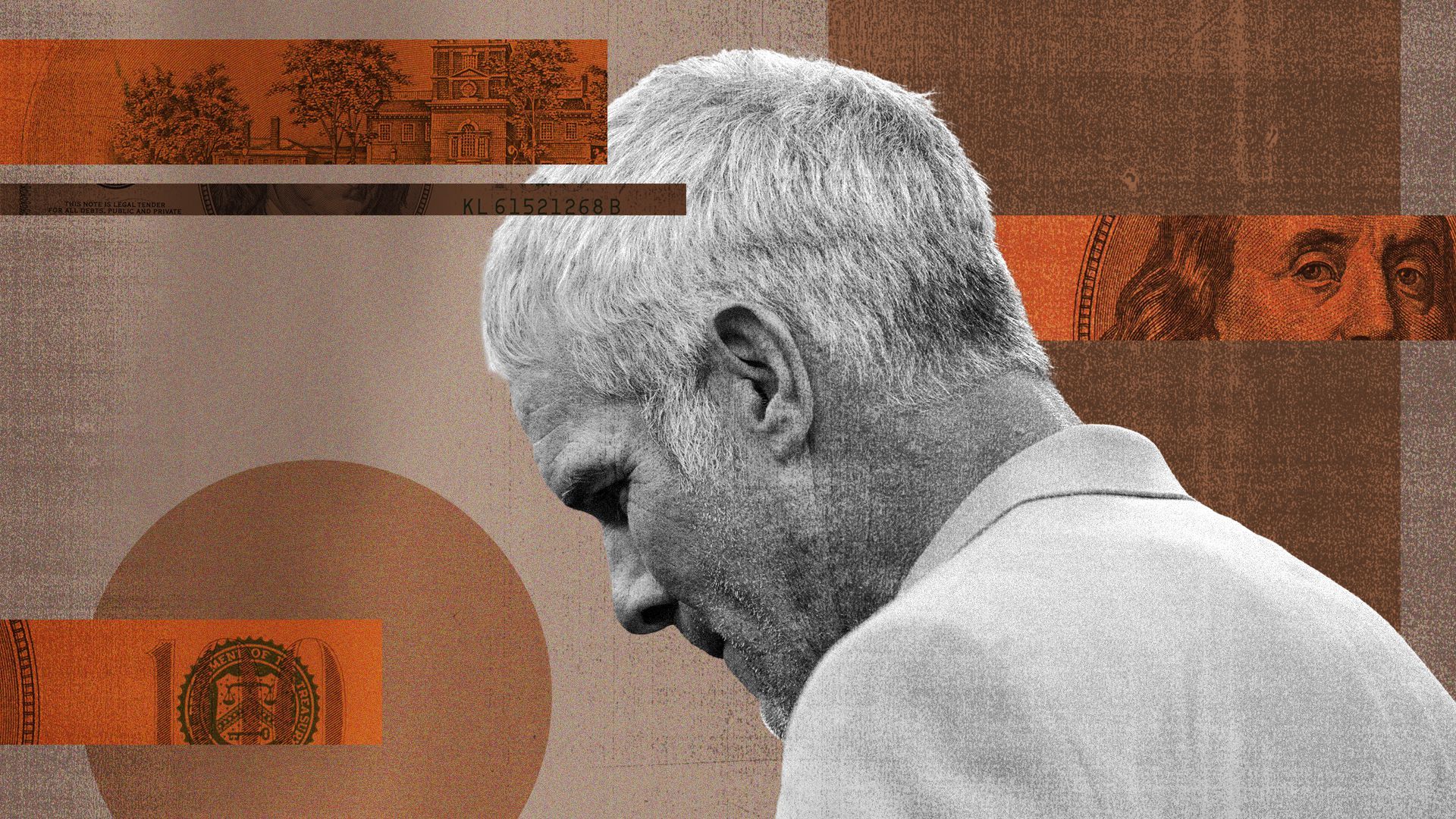 Photo illustration of Brett Farve with abstract shapes and money