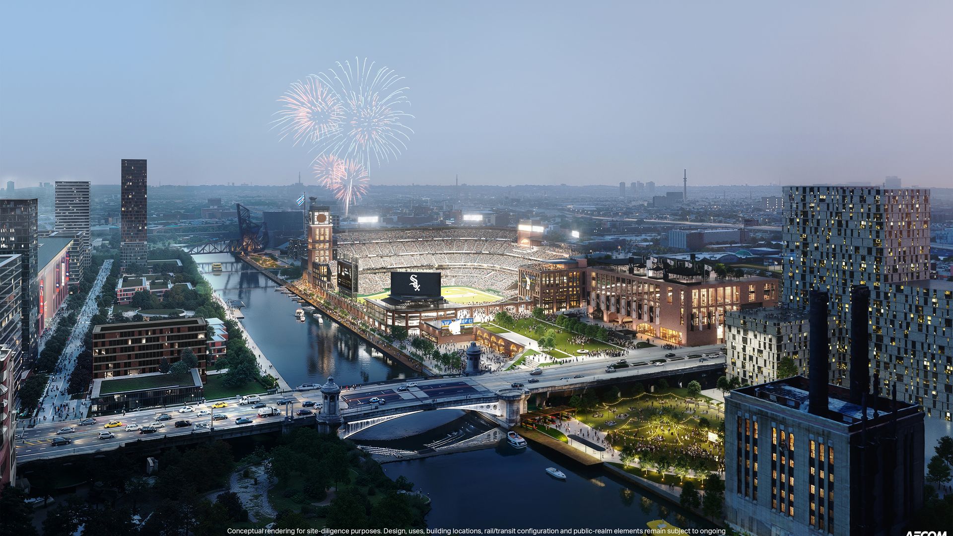 City skyline at dusk with a large stadium beside a canal, modern glass buildings, and bright fireworks in a blue evening sky.