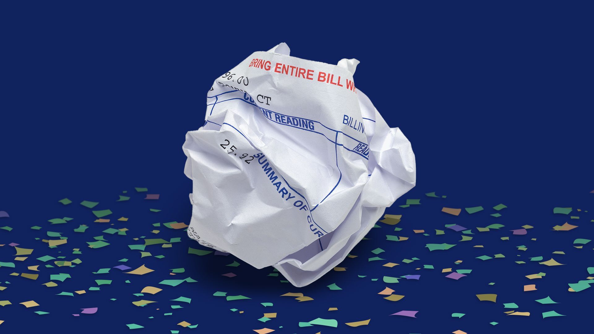 Illustration of a crumpled paper bill atop confetti