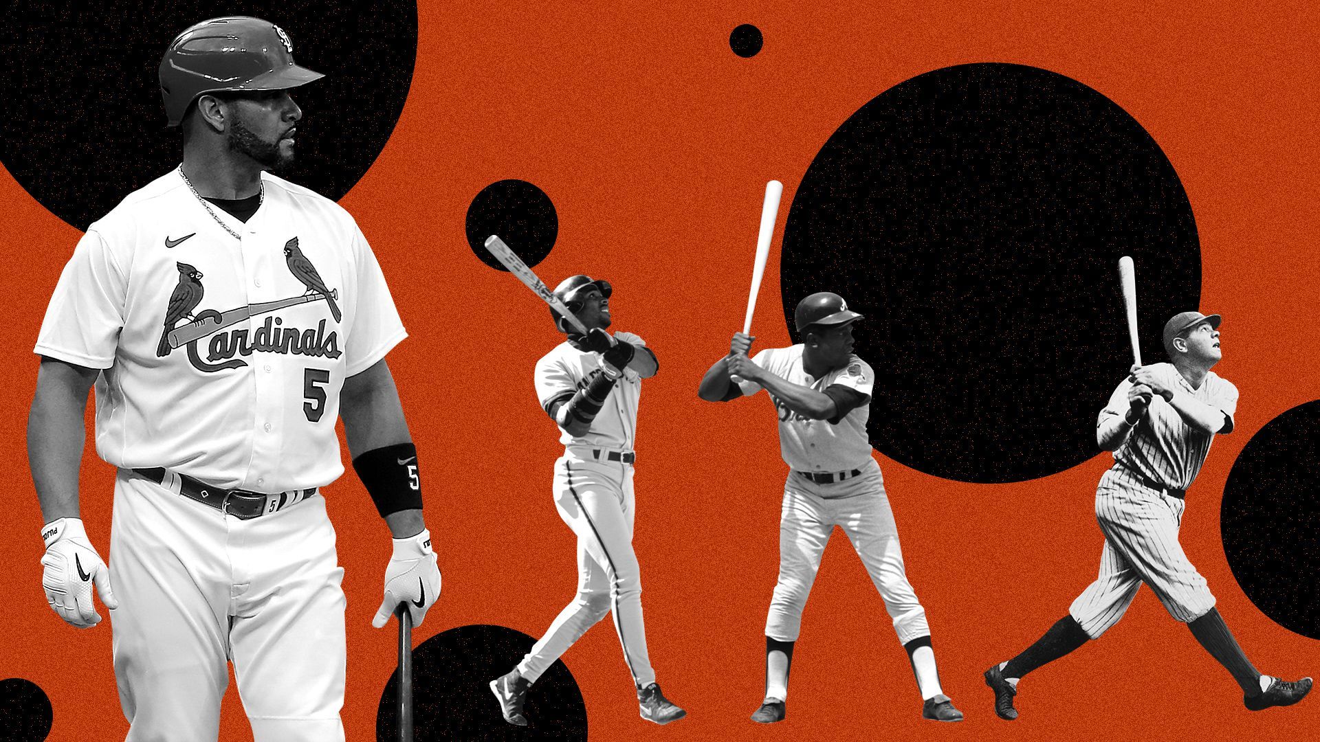Photo illustration of Albert Pujols, Barry Bonds, Hank Aaron, and Babe Ruth.