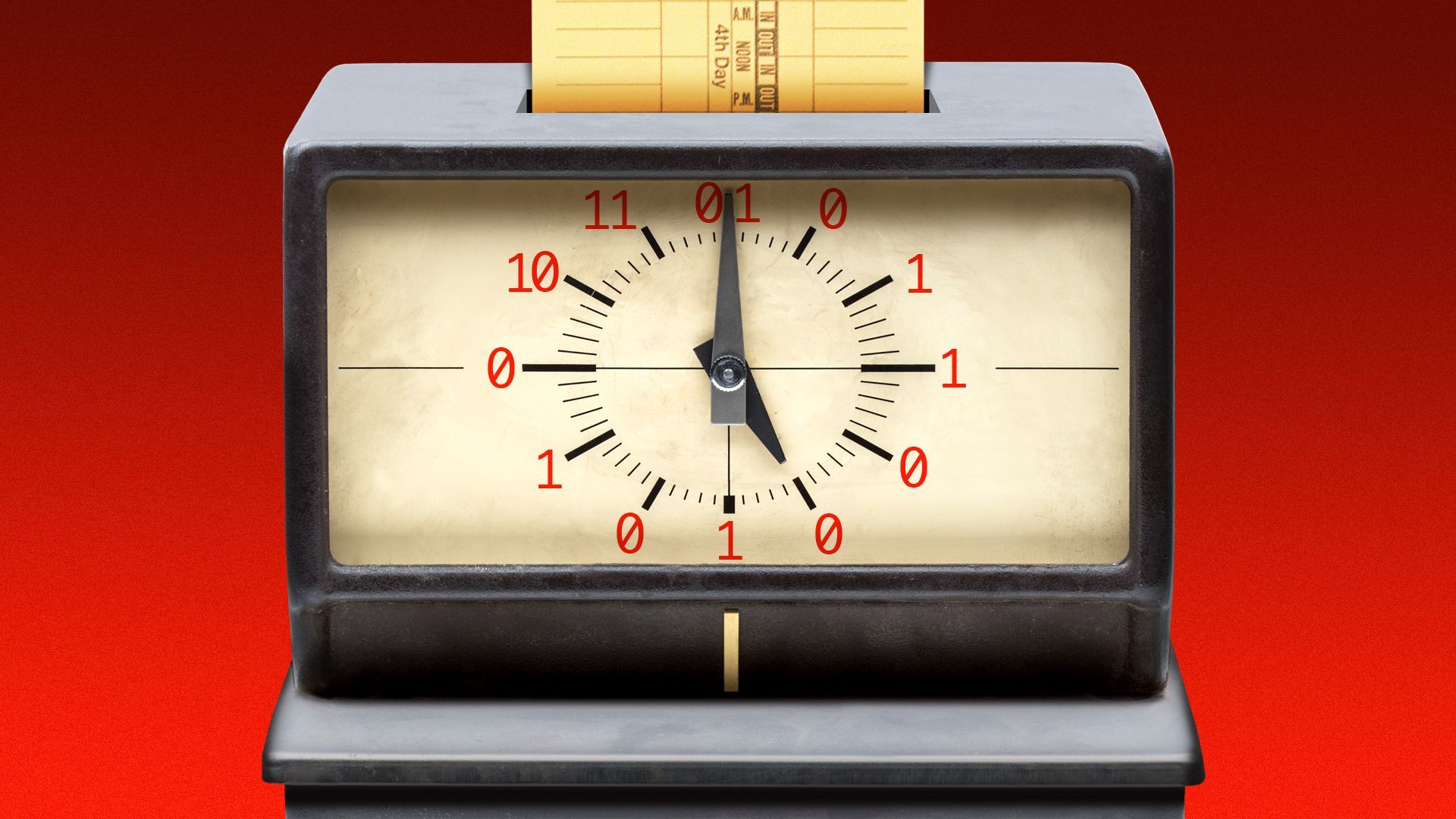 Illustration of a factory time clock with numbers in binary code