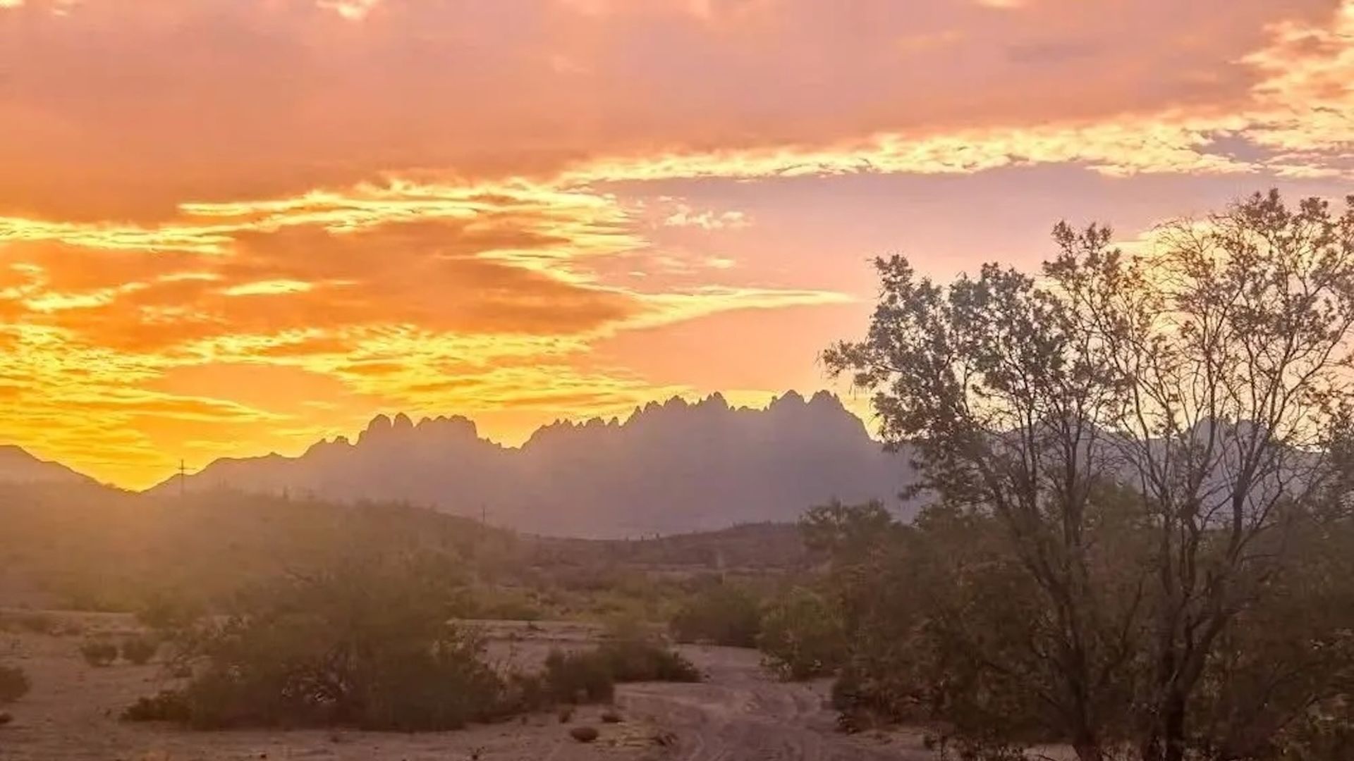 Sunset over a desert landscape with rugged mountains in the distance, orange and yellow sky, scattered bushes, and a dirt path winding through the foreground.
