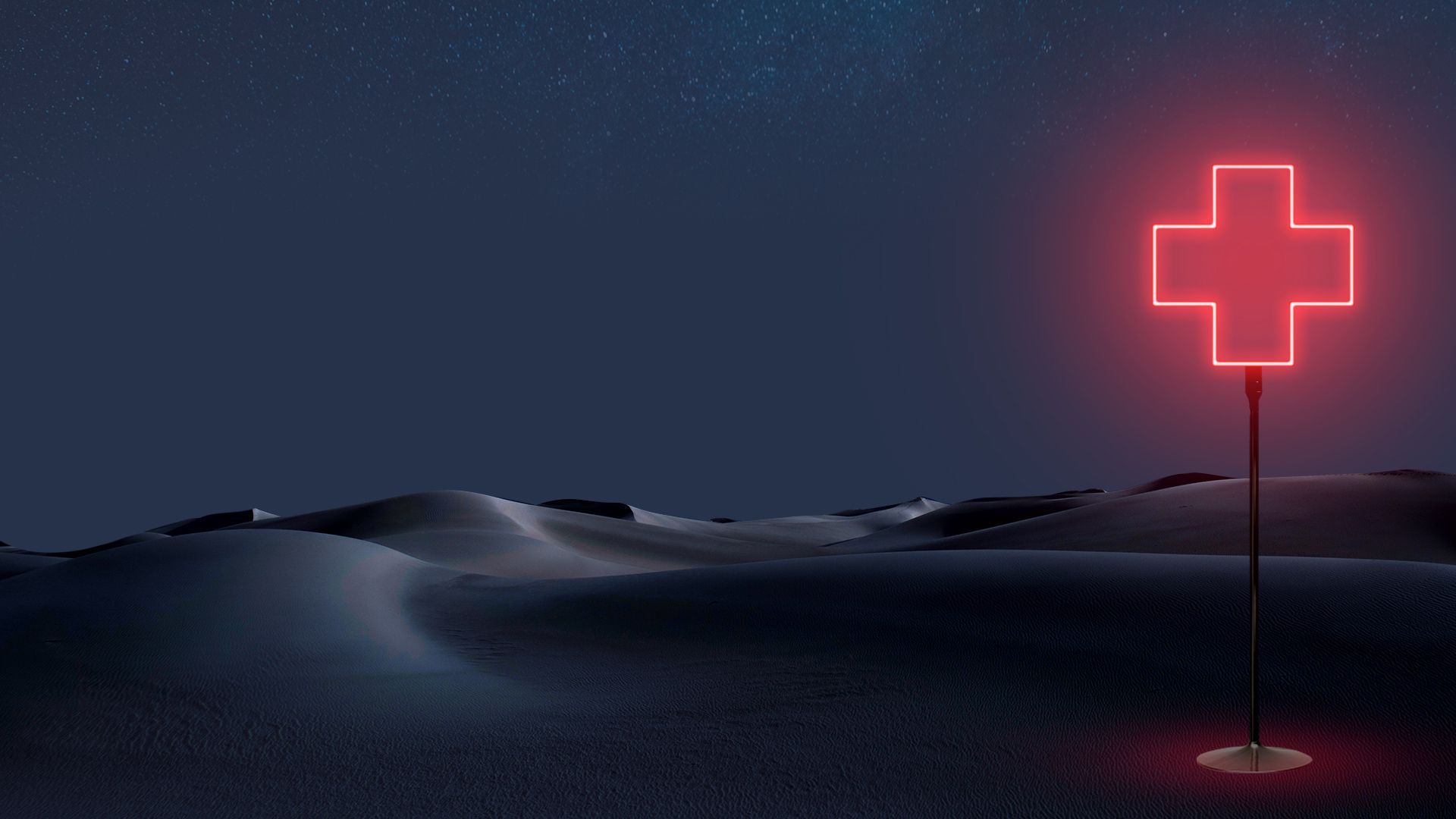 Illustration of a glowing neon health plus sign in a desert