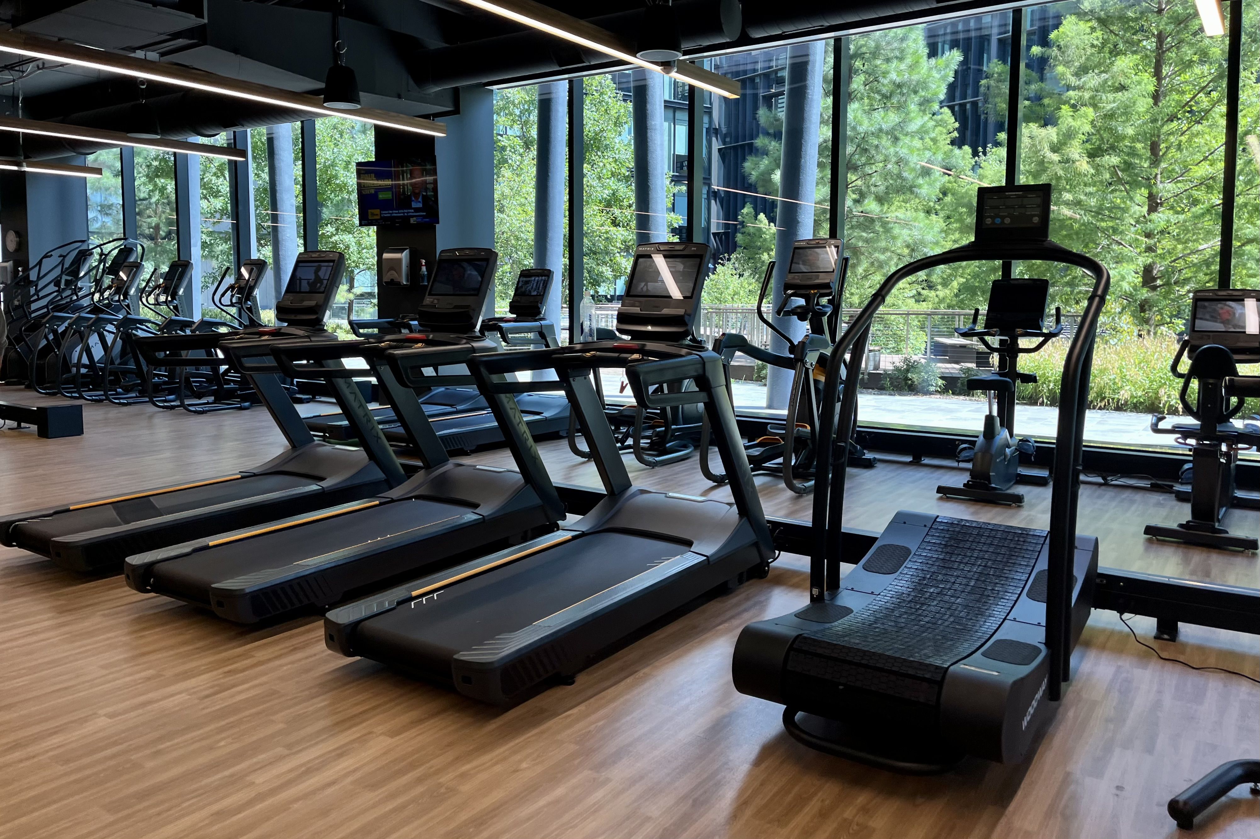Indoor gym with black treadmills, exercise bikes, and elliptical machines against large glass windows showing green trees outside.