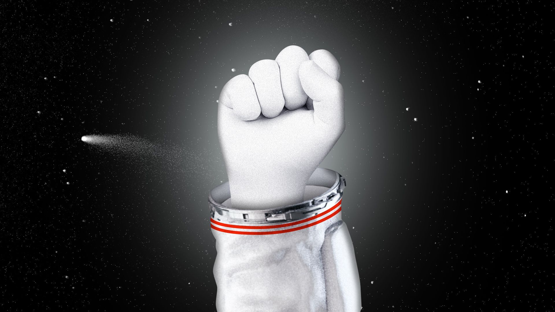 Illustration of an astronaut's fist against a space background. 