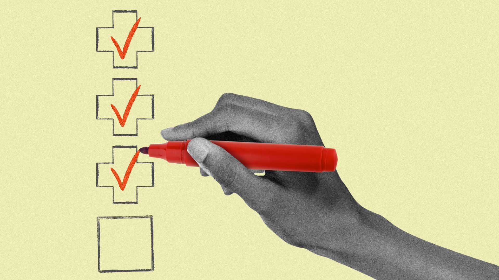 Illustration of a hand checking off boxes in the shape of health pluses.