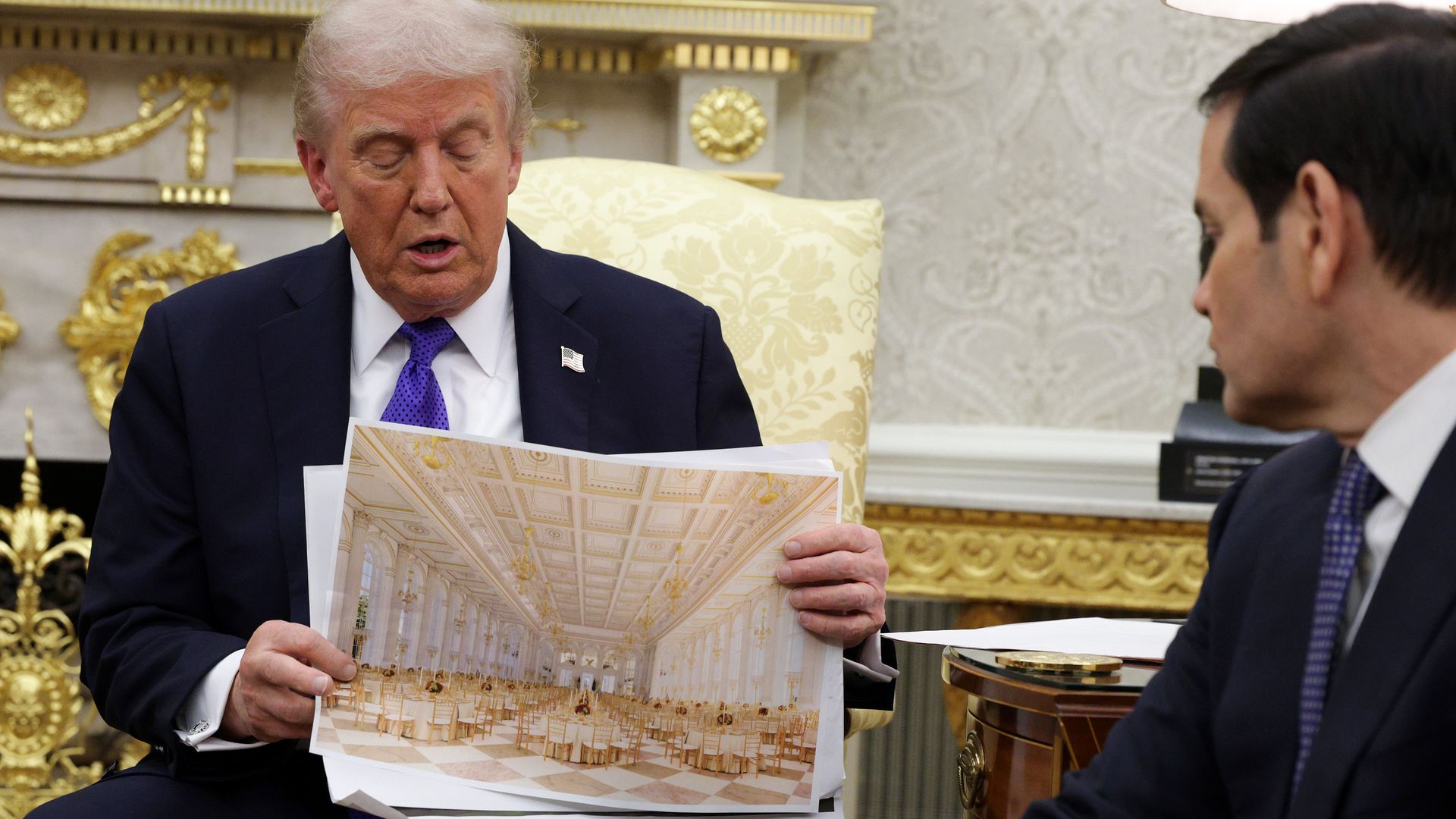 U.S. President Donald Trump displays a rendering of his proposed $250 million White House ballroom as he meets with NATO Secretary General Mark Rutte in the Oval Office of the White House on October 22, 2025 in Washington, DC. 