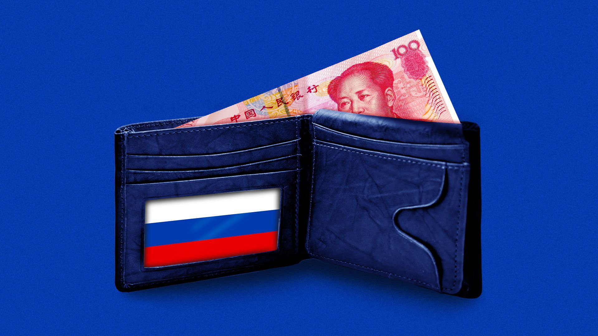Illustration of a wallet featuring a Russian flag with a renminbi note 