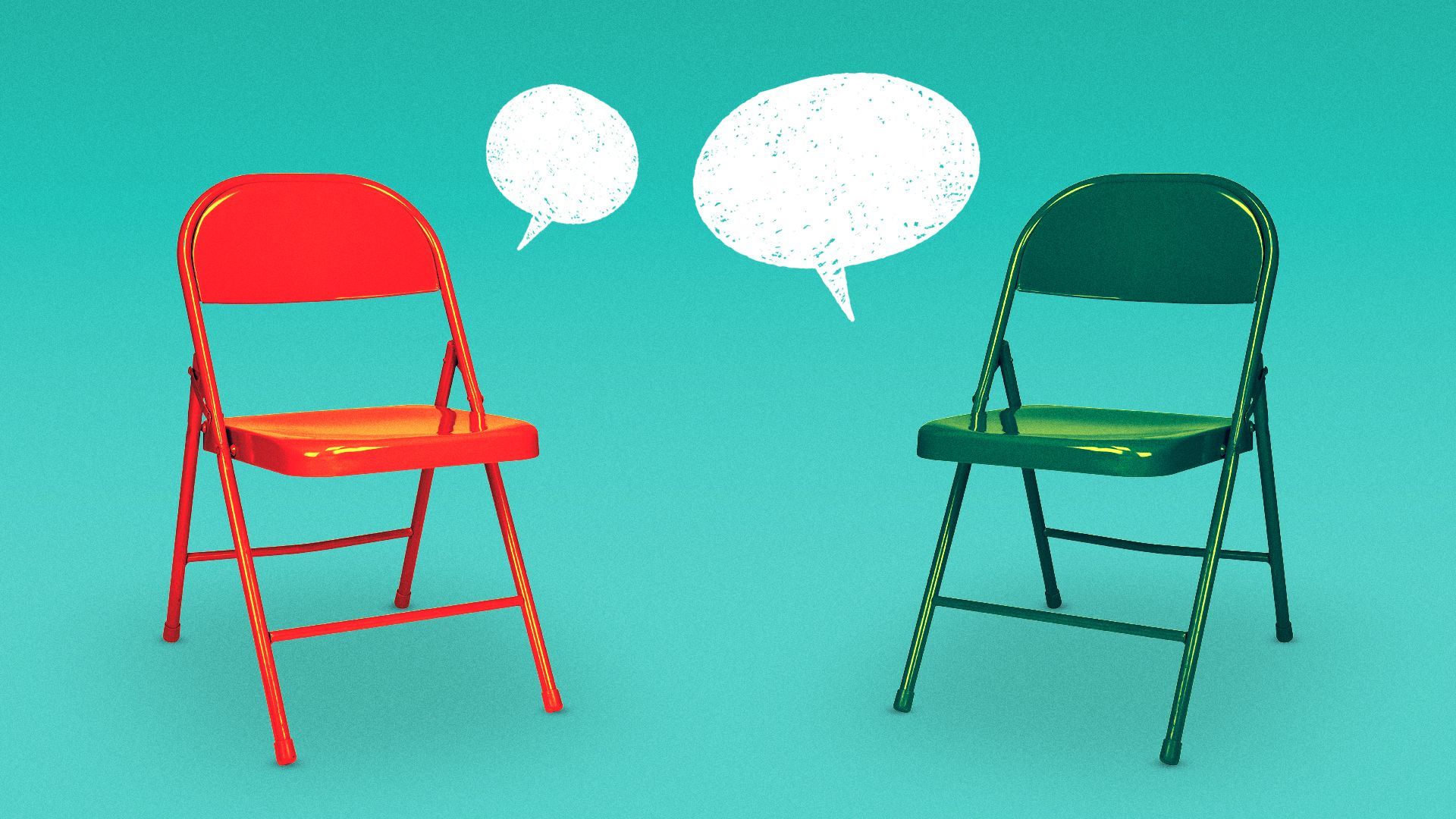 Illustration of two folding chairs talking to each other.